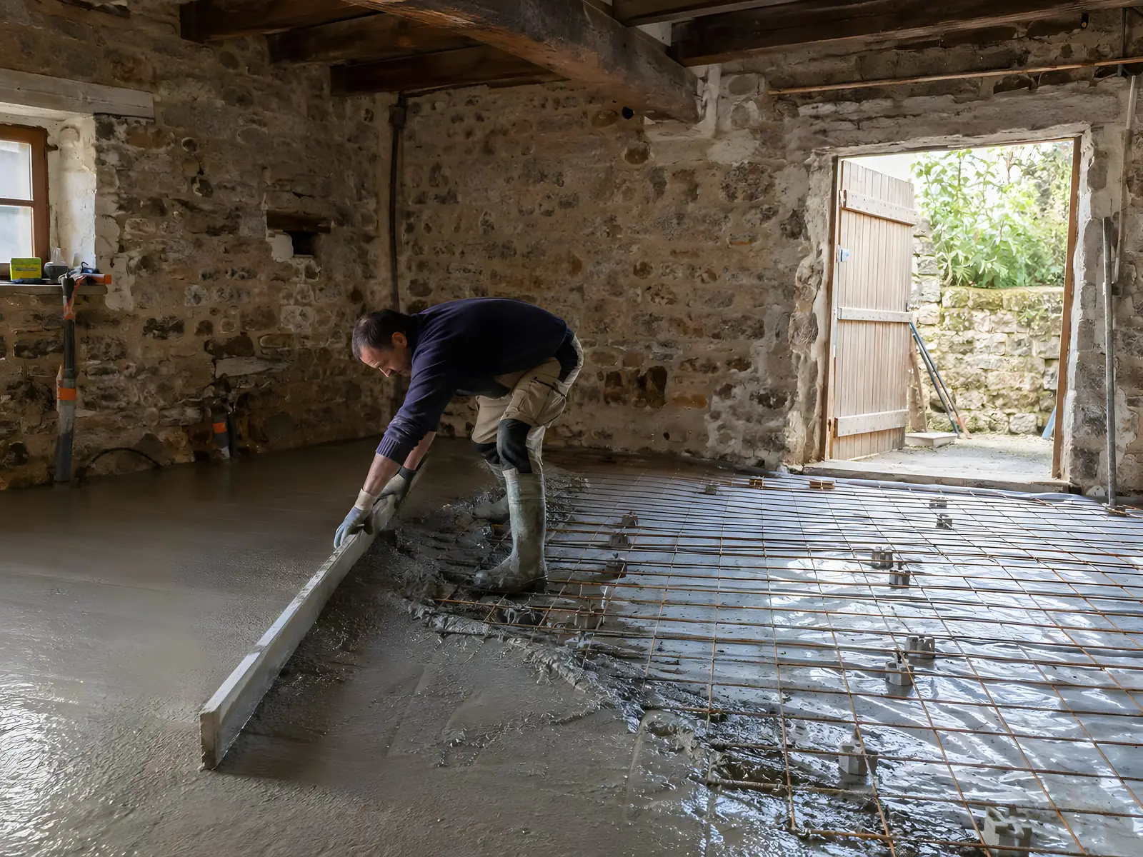 Ouvrier en bottes qui tire à la règle le béton coulé sur un treillis soudé, dans une pièce basse aux murs de pierre