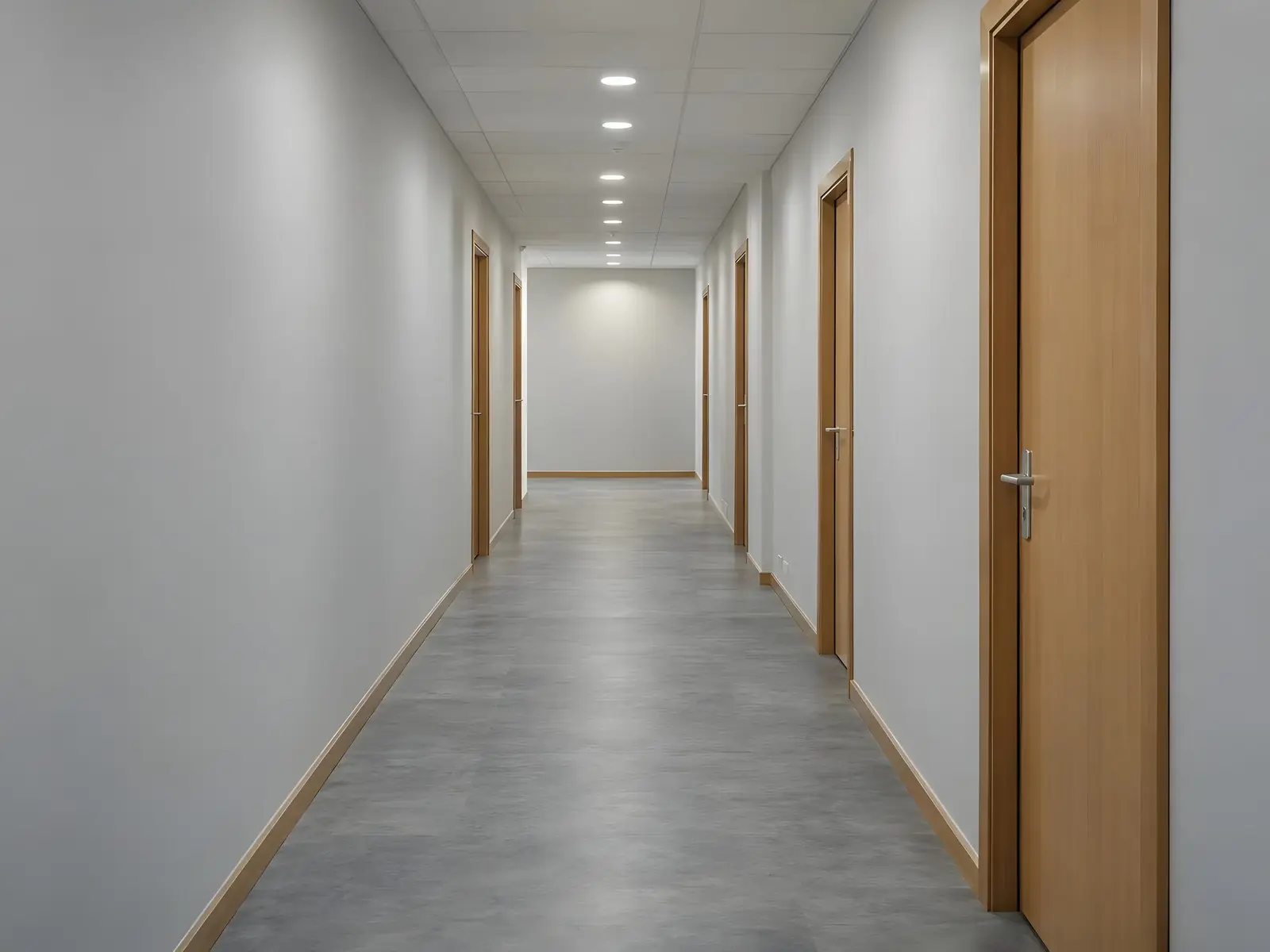 Couloir de bureaux aux murs gris très clair uniformes, portes en bois clair, sol en vinyle gris, spots au plafond