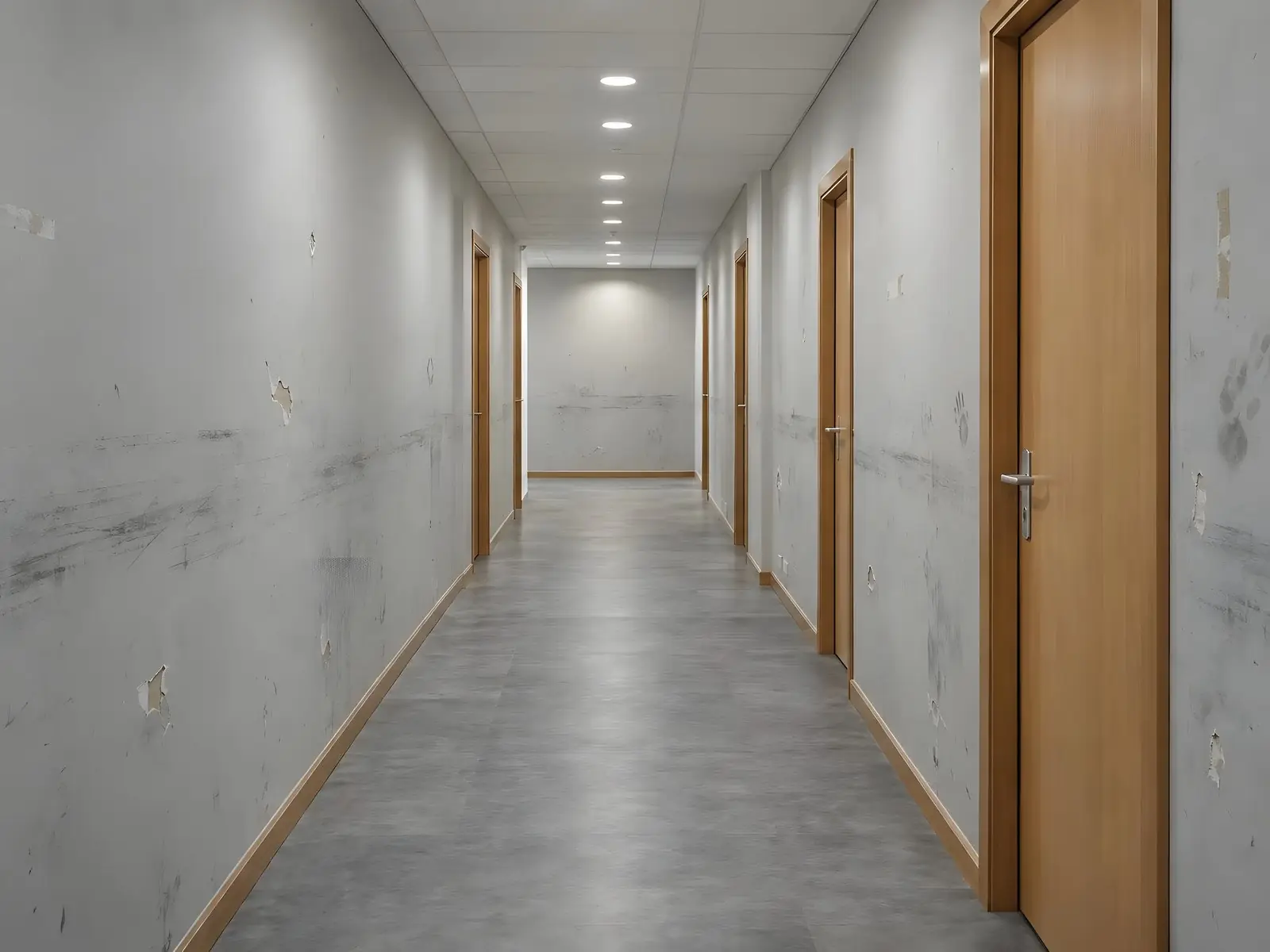 Couloir de bureaux aux murs gris rayés de traînées noires, de chocs et d’éclats de peinture, portes en bois clair