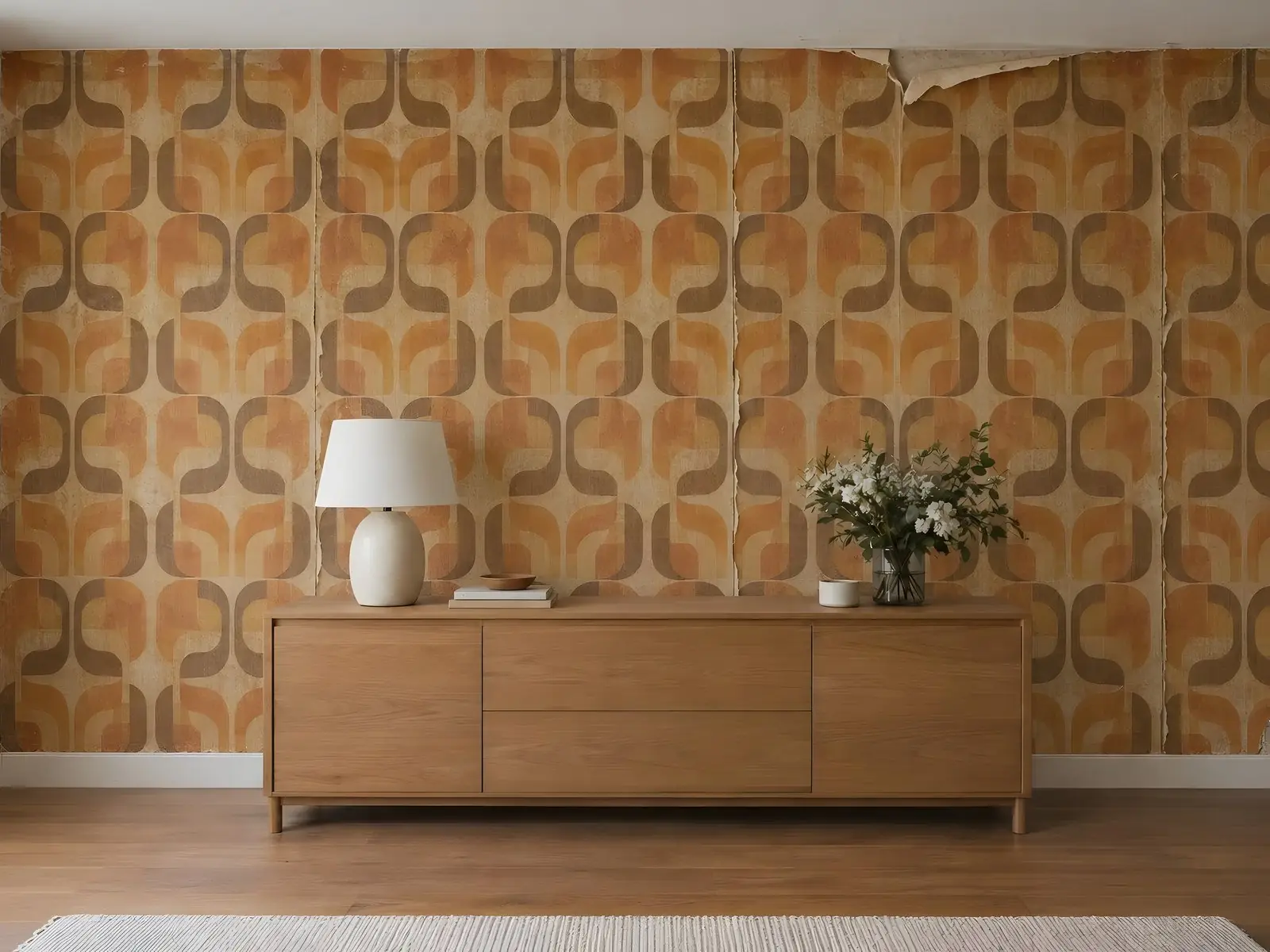 Vieux papier peint à motifs orange et bruns des années 1970, jauni, décollé en haut, derrière un buffet en bois