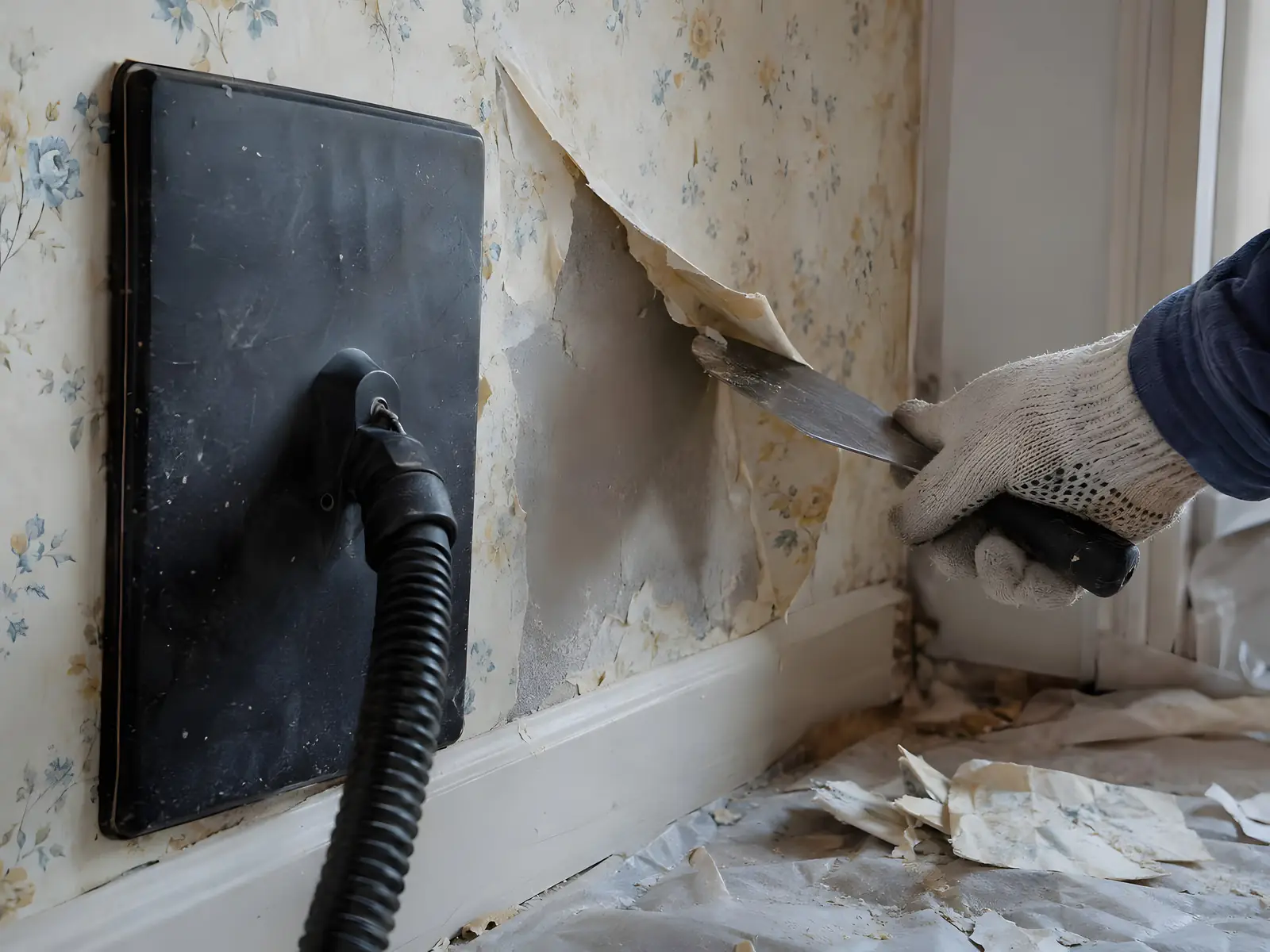 Décolleuse à vapeur posée contre un vieux papier peint fleuri, une main gantée qui en soulève un lambeau au couteau