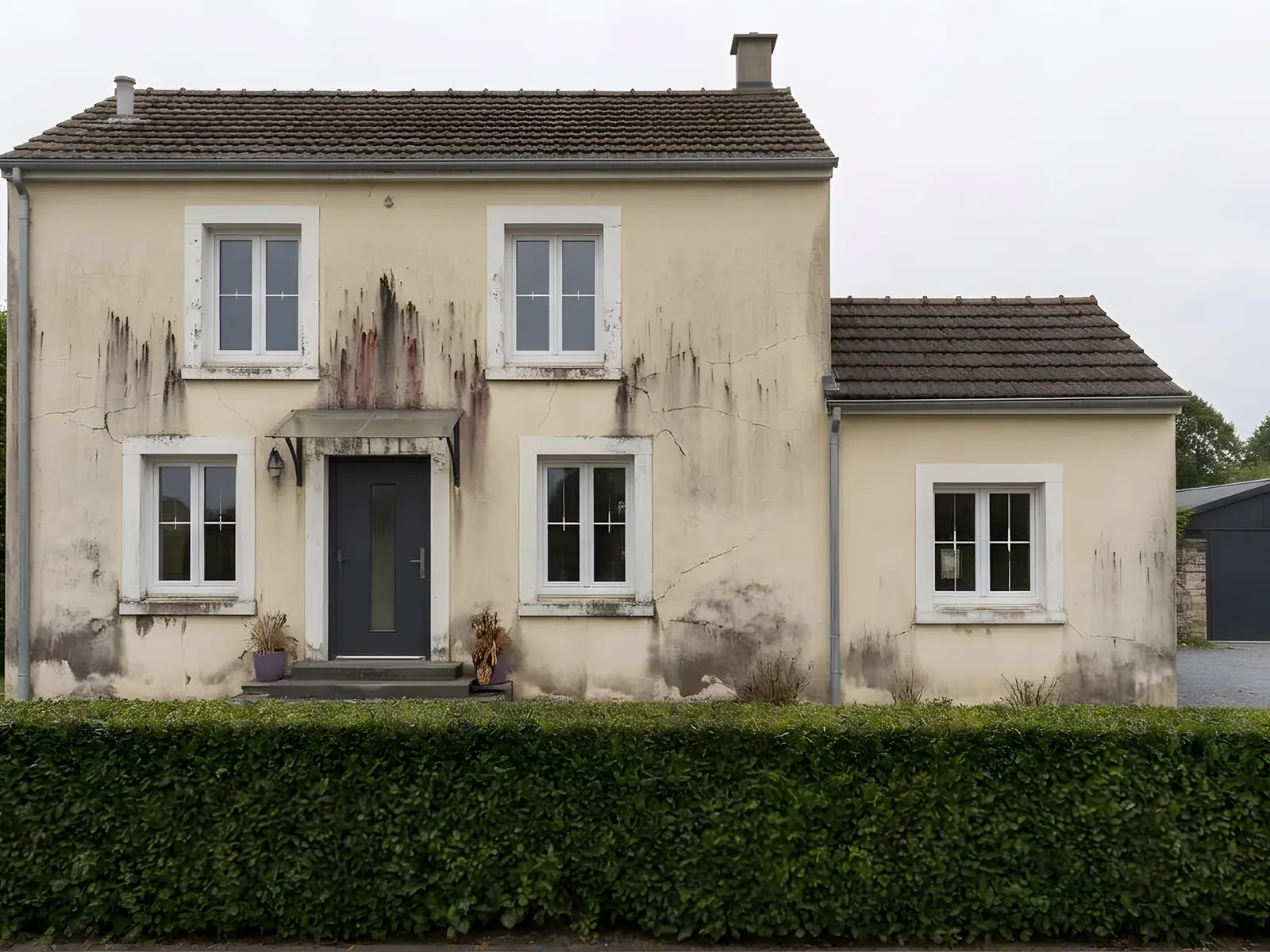 Pavillon au crépi crème jauni, taché de longues coulures brunes et fissuré autour des fenêtres