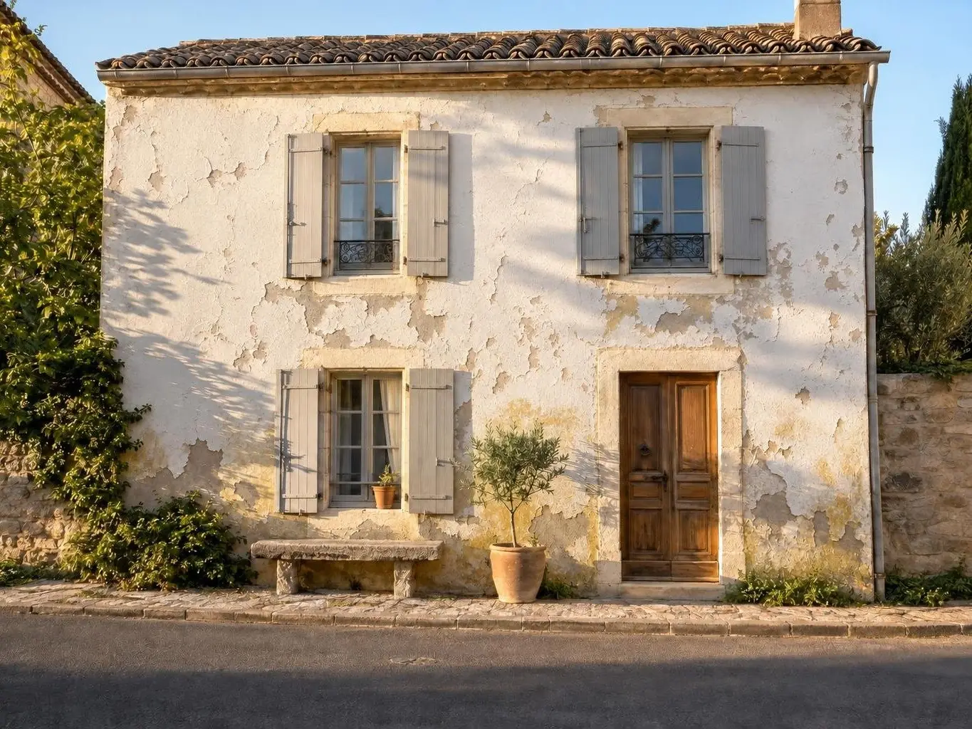 Façade de maison de village à la peinture blanche écaillée par plaques, volets gris clair, porte en bois, banc de pierre