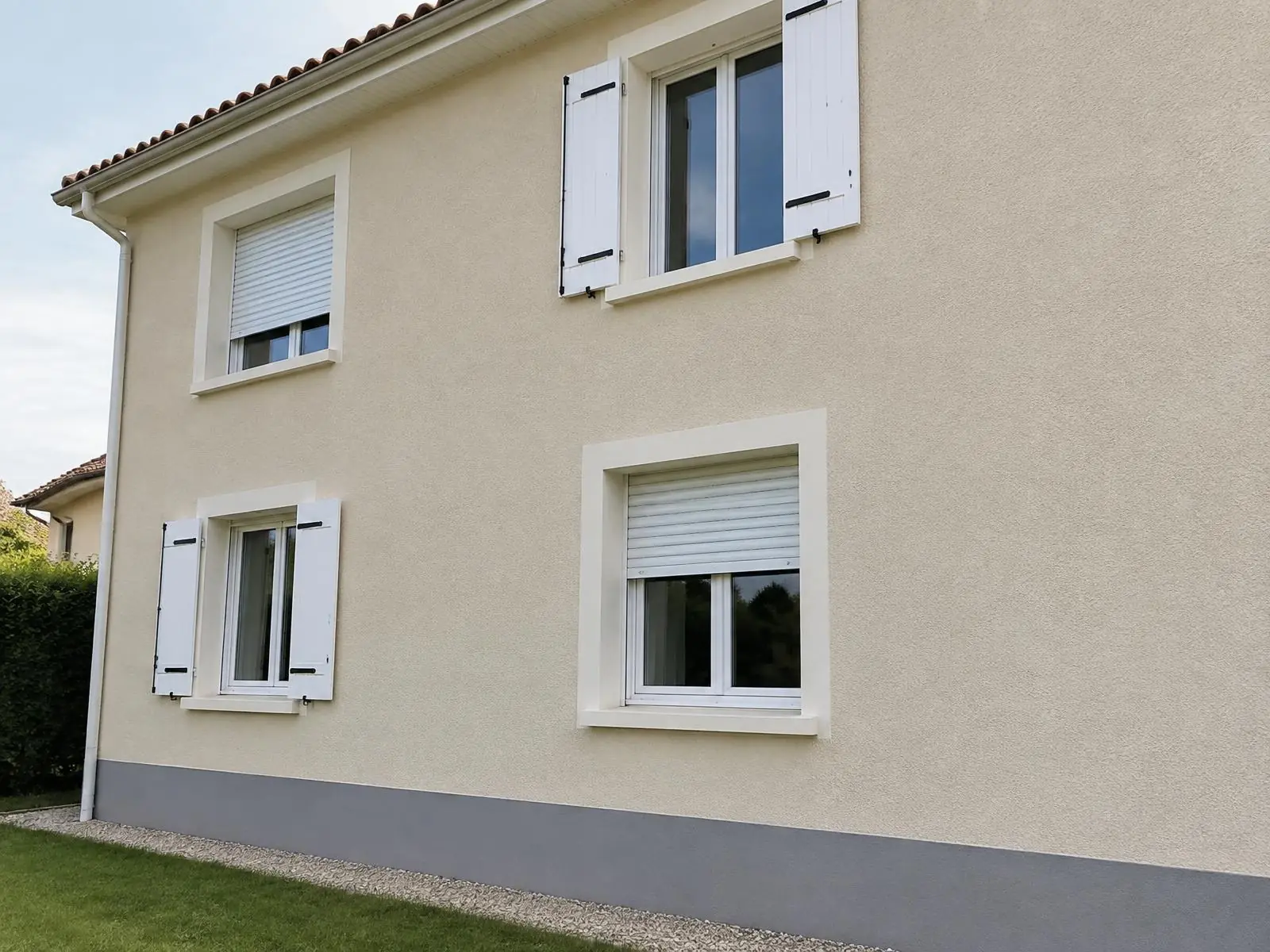 Pavillon au crépi beige, tours de fenêtres soulignés de blanc cassé et soubassement peint en gris