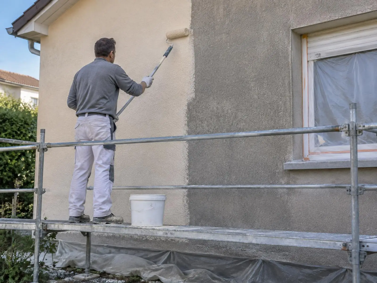Peintre en façade sur l’échafaudage qui passe au rouleau une teinte claire sur un crépi gris, fenêtre sous film