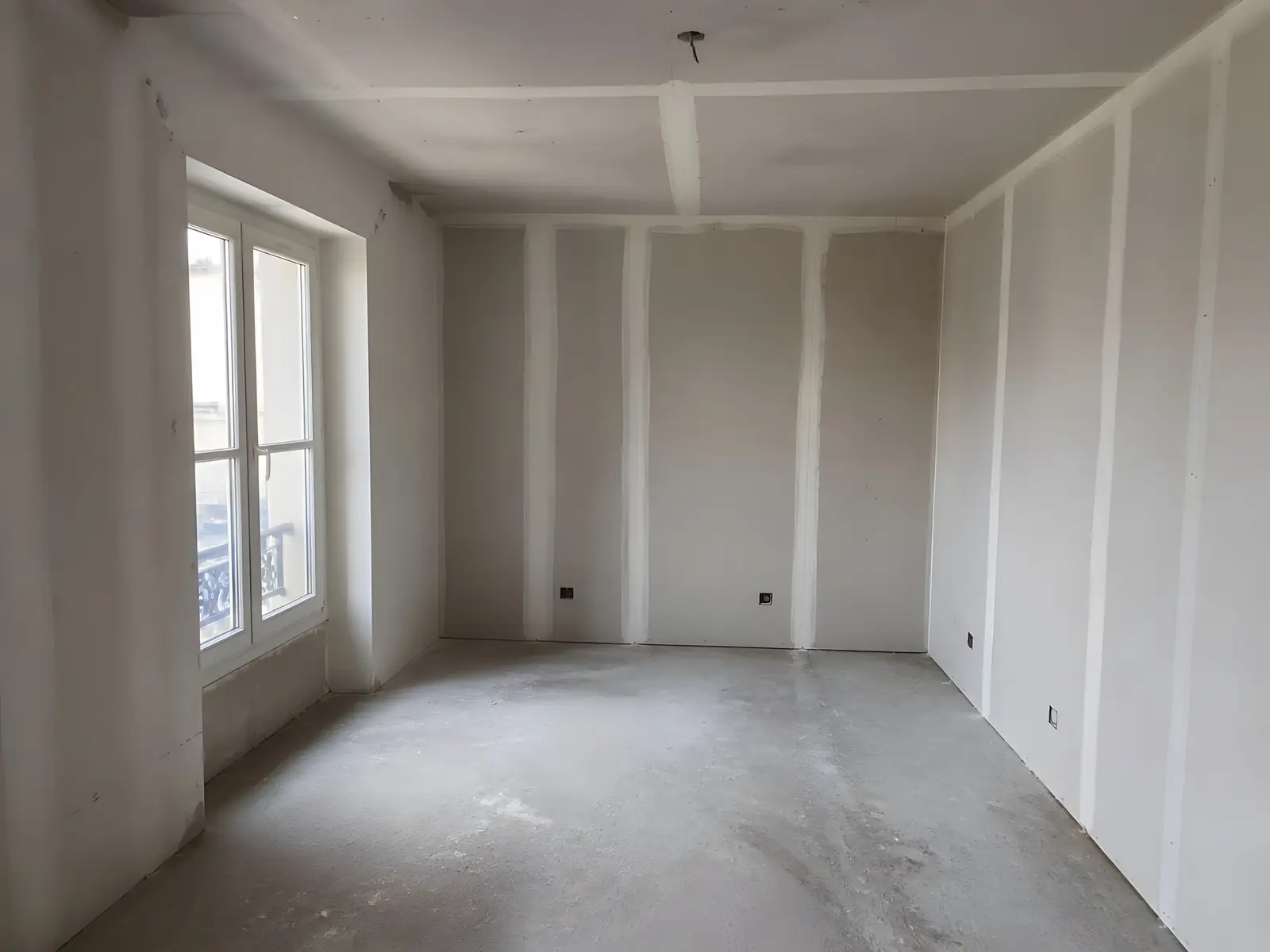 Pièce en placo neuf aux bandes de joints blanches bien visibles sur les murs et le plafond, avant peinture