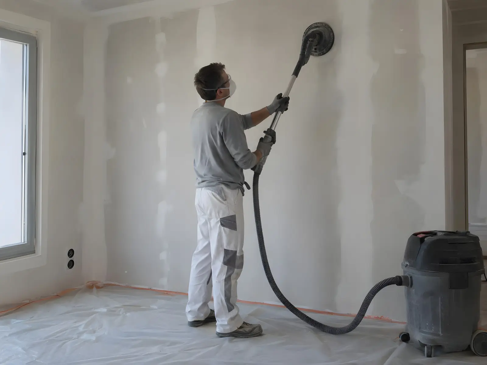 Peintre masqué qui ponce à la ponceuse girafe un mur en plaques de plâtre enduit, reliée à un aspirateur de chantier