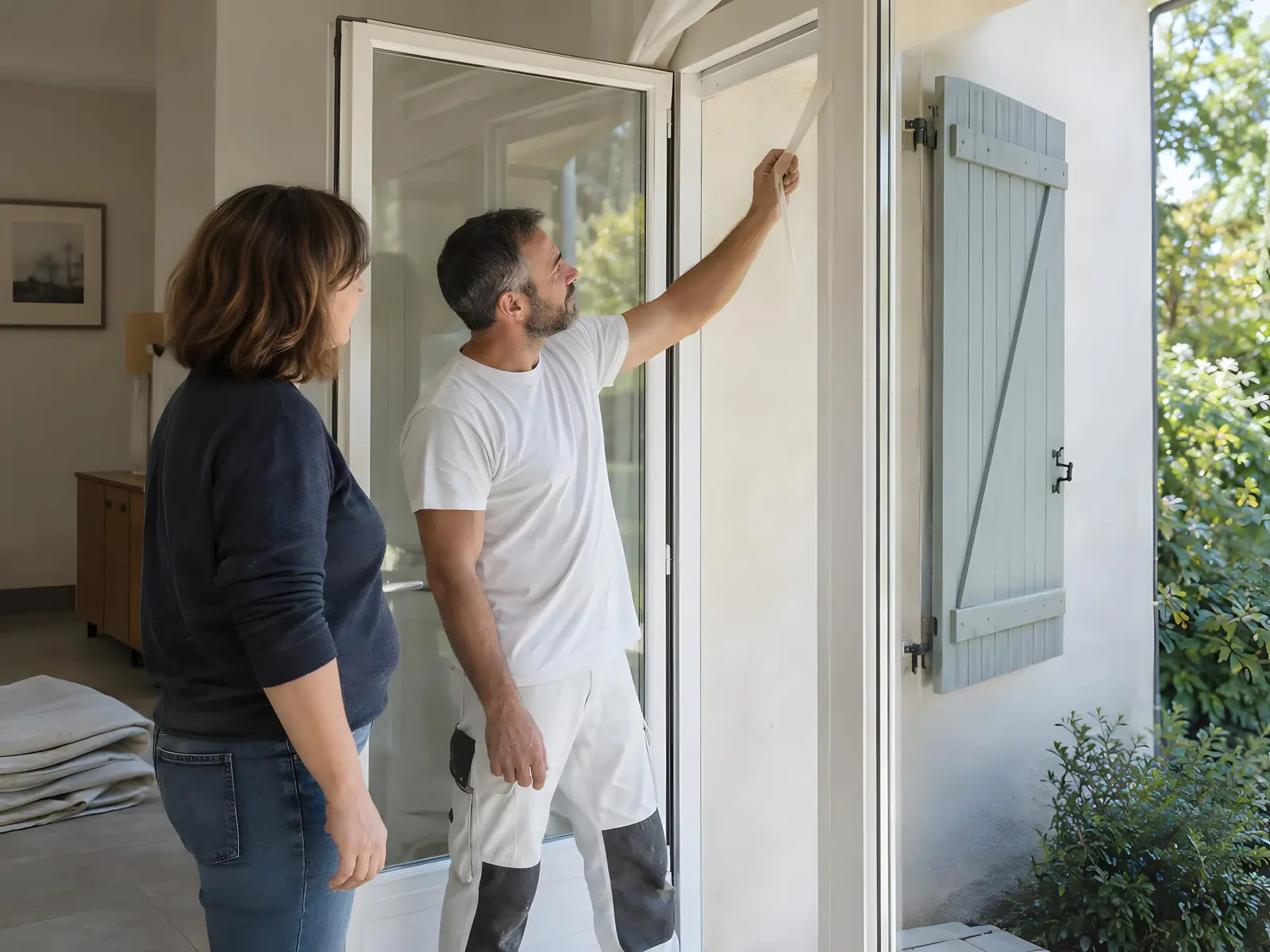Peintre qui retire le ruban de masquage d’une porte-fenêtre blanche fraîchement peinte, sous le regard de la propriétaire