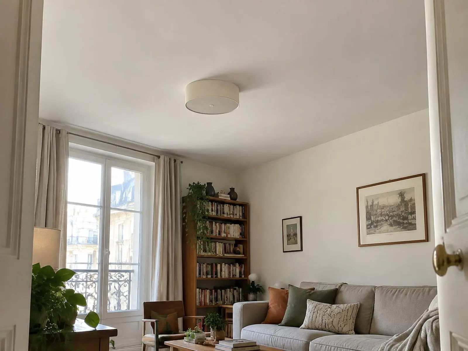 Le même séjour au plafond repeint en blanc uni, plafonnier rond au centre et porte-fenêtre à balconnet