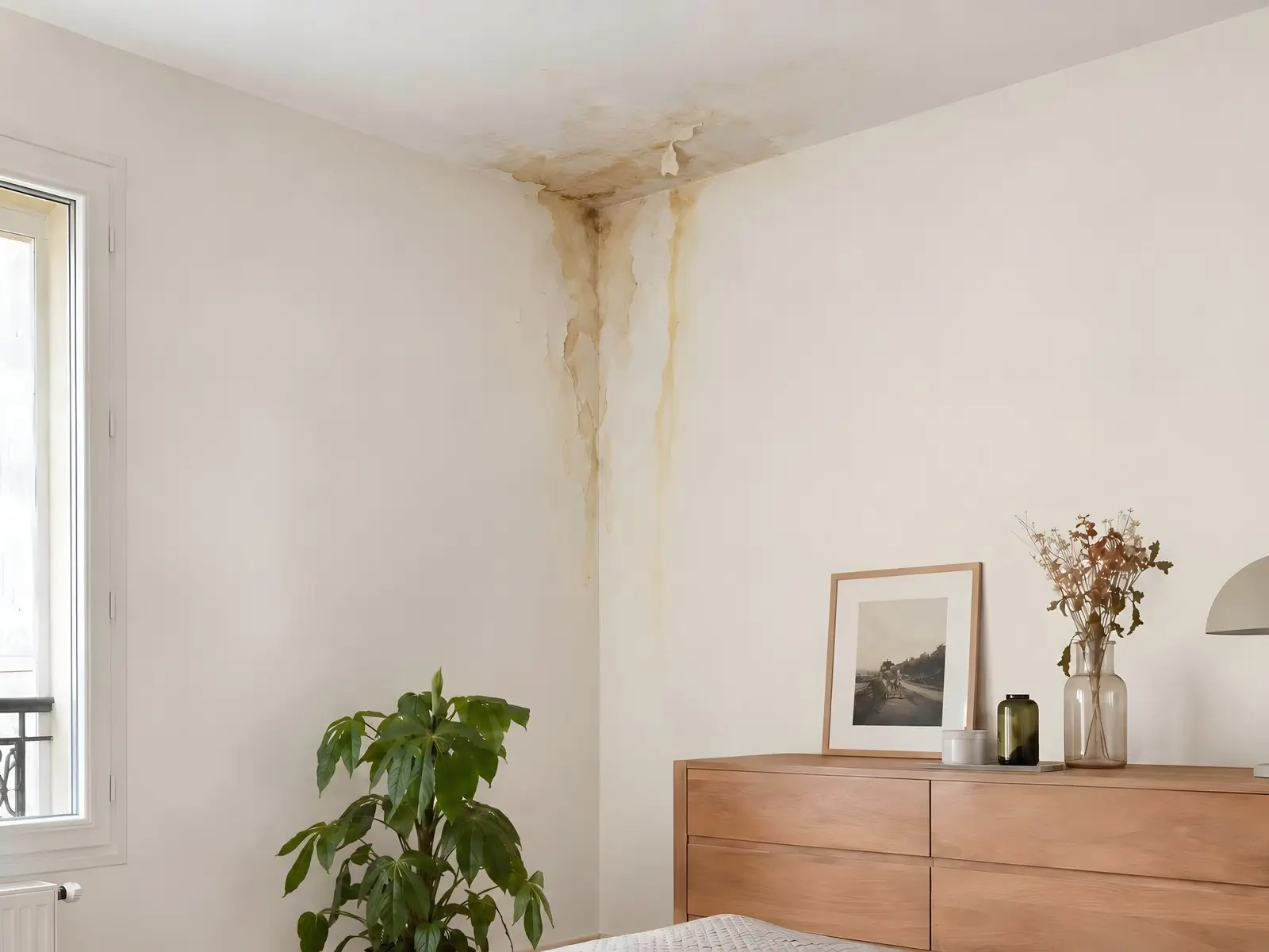 Angle de chambre au plafond taché d’eau, deux traînées brunes descendant le long du mur au-dessus d’une commode