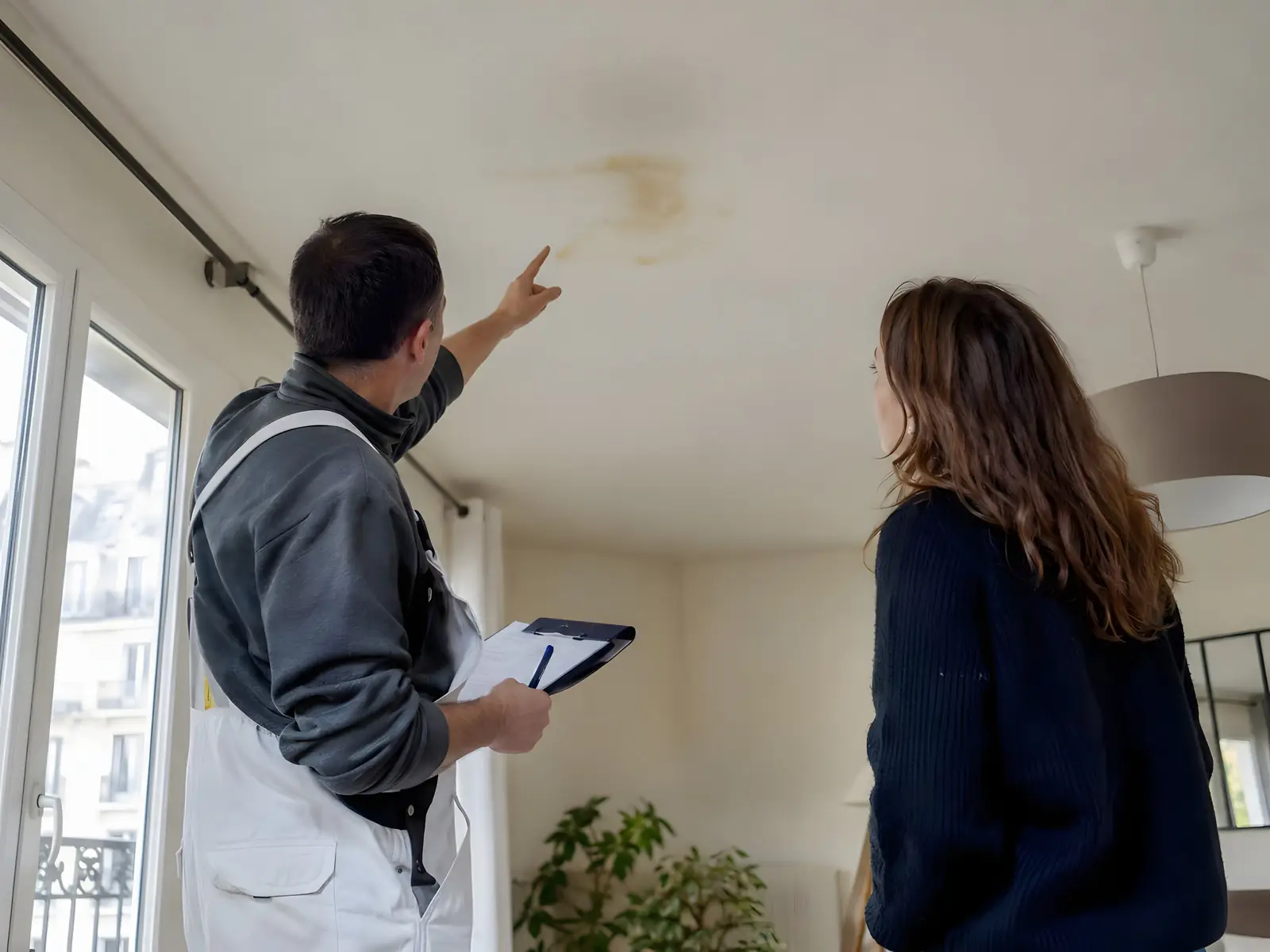 Peintre, bloc-notes en main, qui montre du doigt une auréole jaune au plafond d’un séjour à la propriétaire