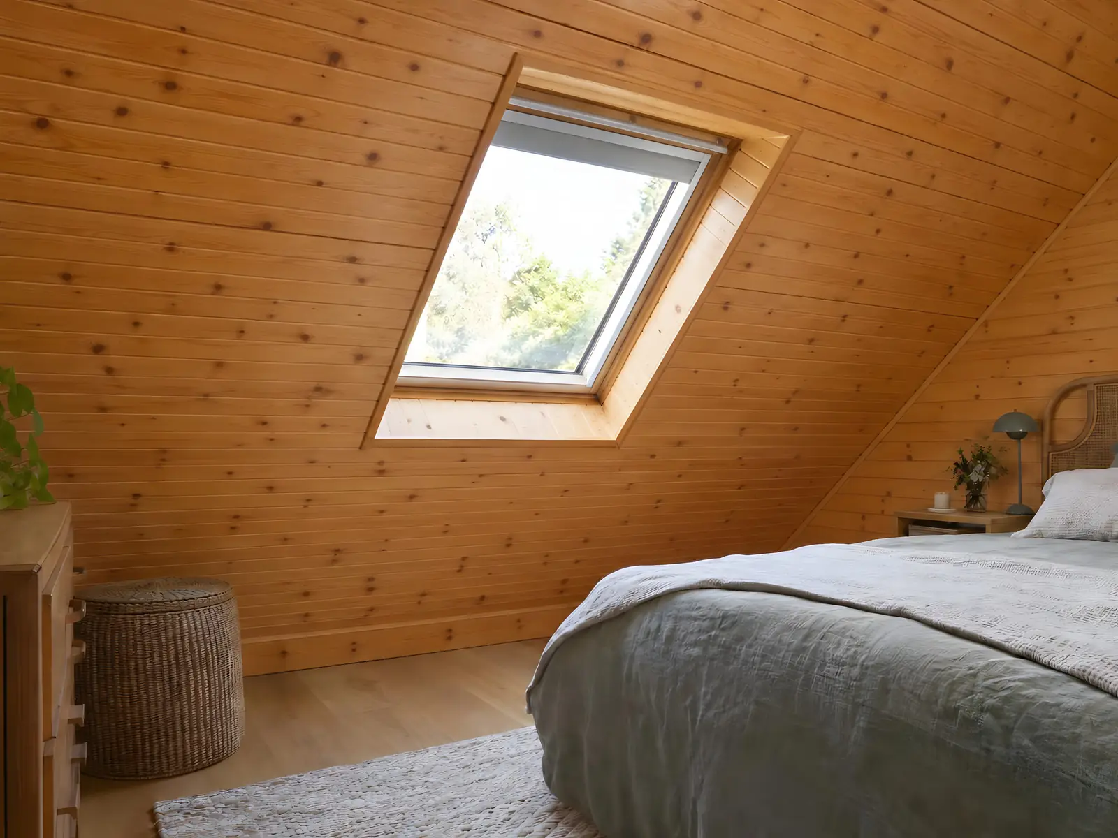 Chambre sous les toits entièrement lambrissée de pin verni orangé, avec une fenêtre de toit au-dessus du lit