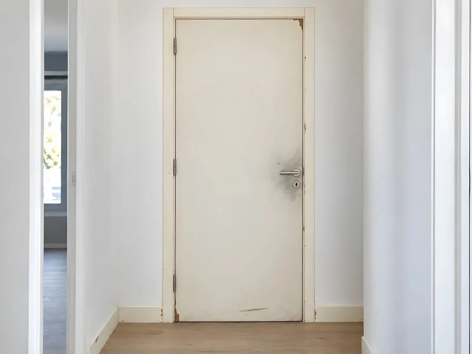 Porte de couloir d’un blanc jauni, traces grises autour de la poignée, angle écaillé et éraflure noire en bas