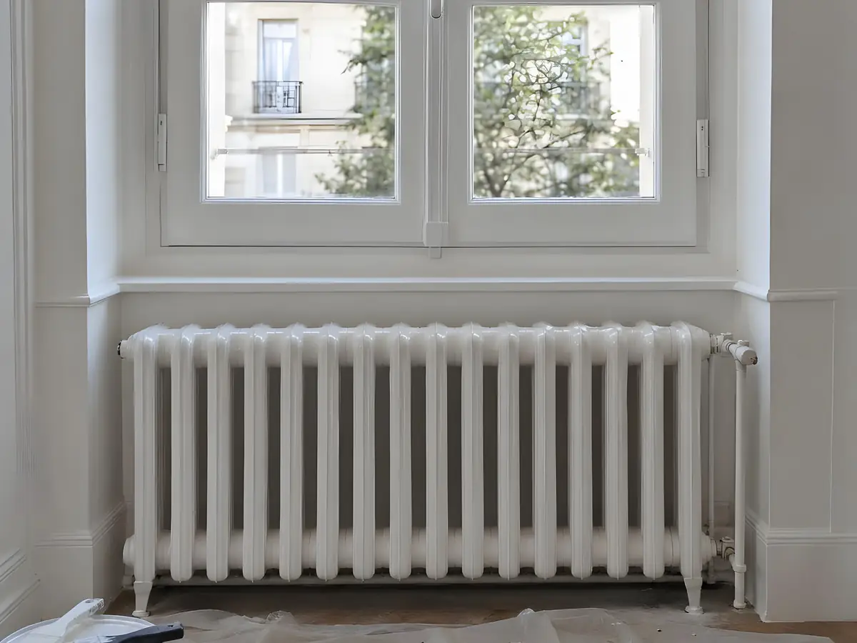 Plinthes, radiateur en fonte et fenêtre repeints en blanc, sol couvert d’une bâche, pinceau posé sur un pot