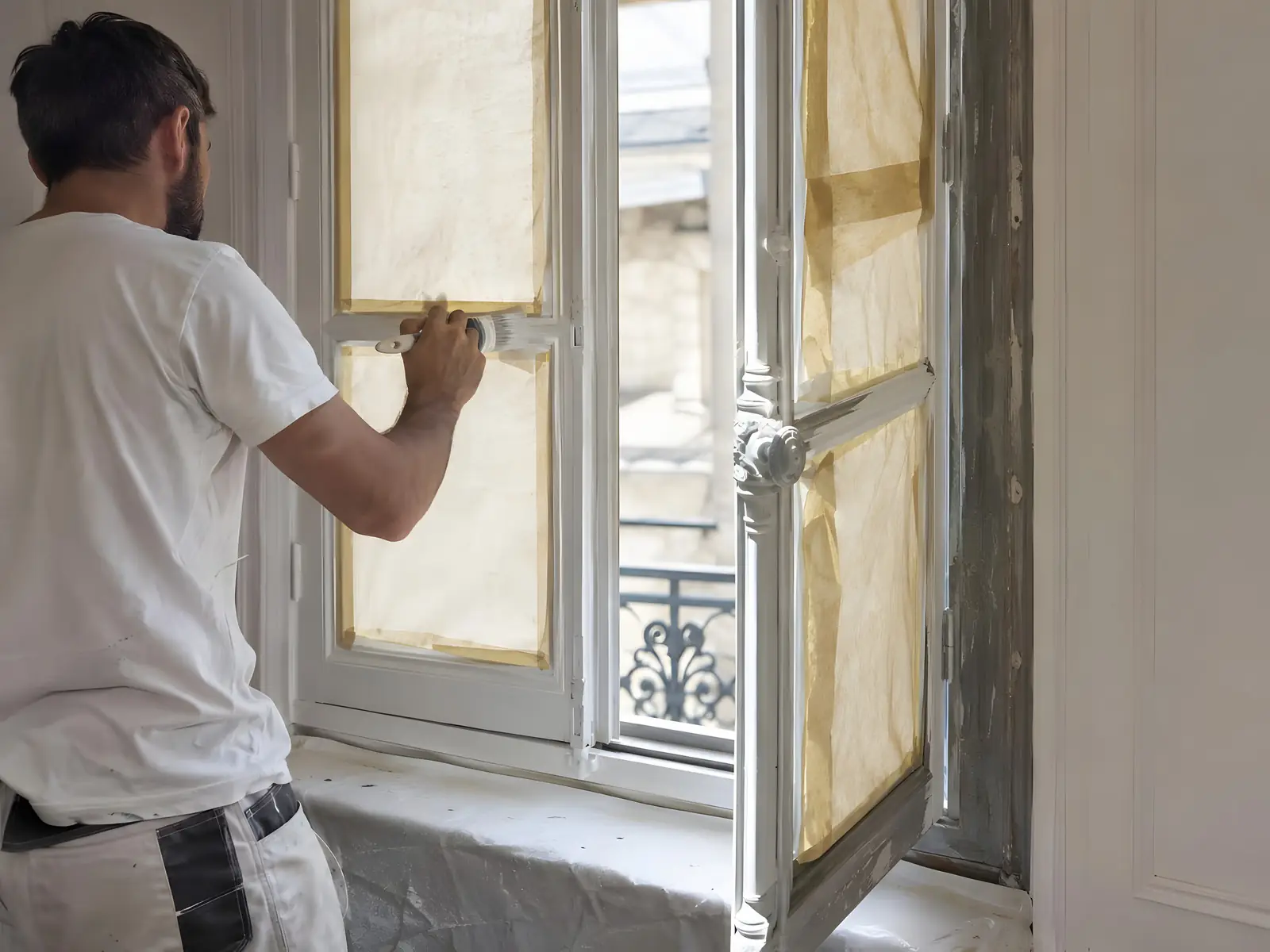 Peintre qui laque en blanc au pinceau le cadre d’une fenêtre ancienne en bois, vitres masquées de papier