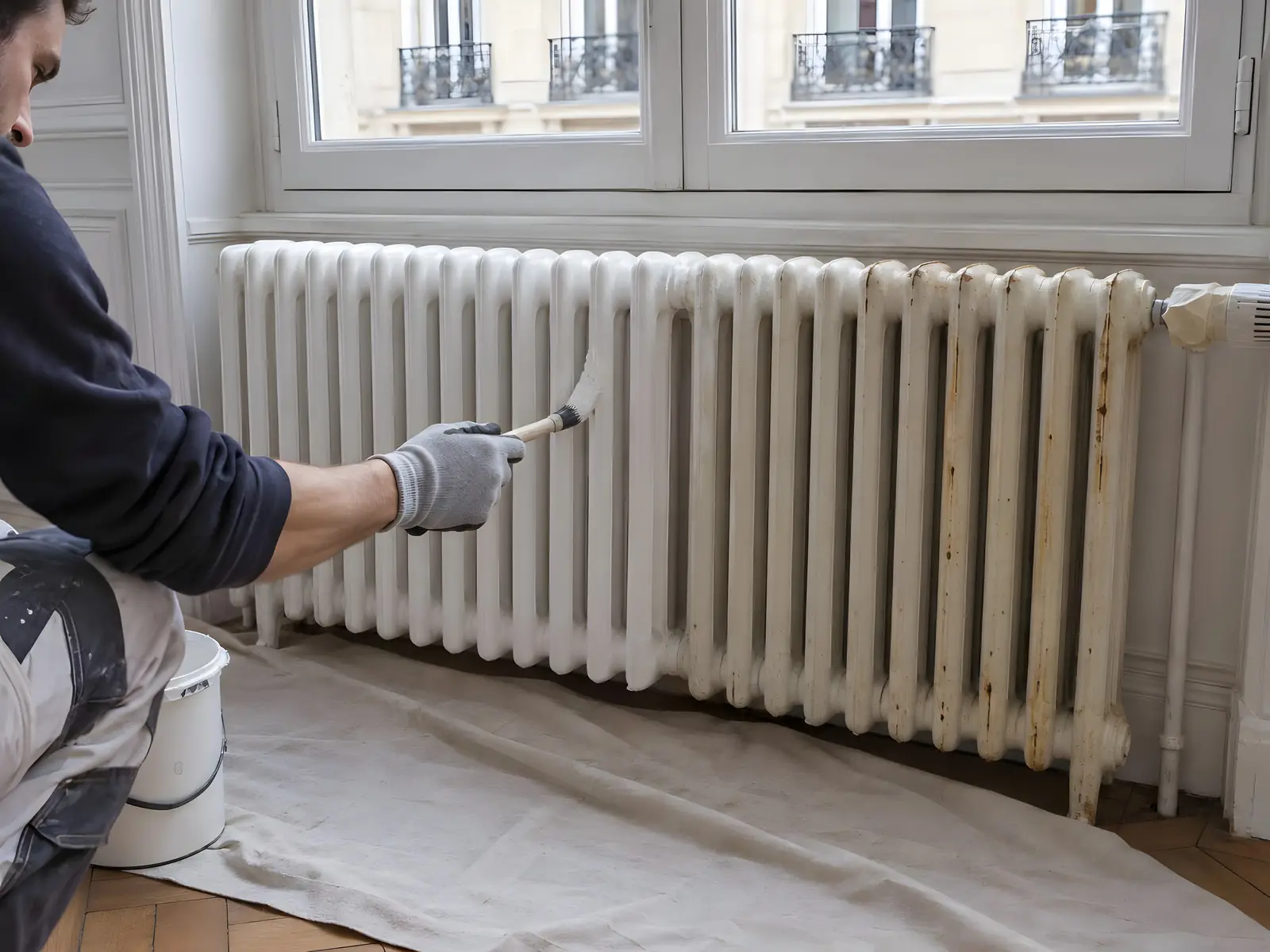 Main gantée qui repeint en blanc au pinceau un vieux radiateur en fonte à colonnes sous une fenêtre, sol protégé