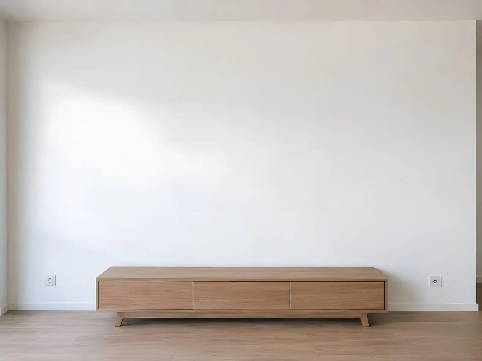 Mur blanc de séjour lisse et uniforme au-dessus d’un meuble bas en bois vide, deux prises au ras du parquet