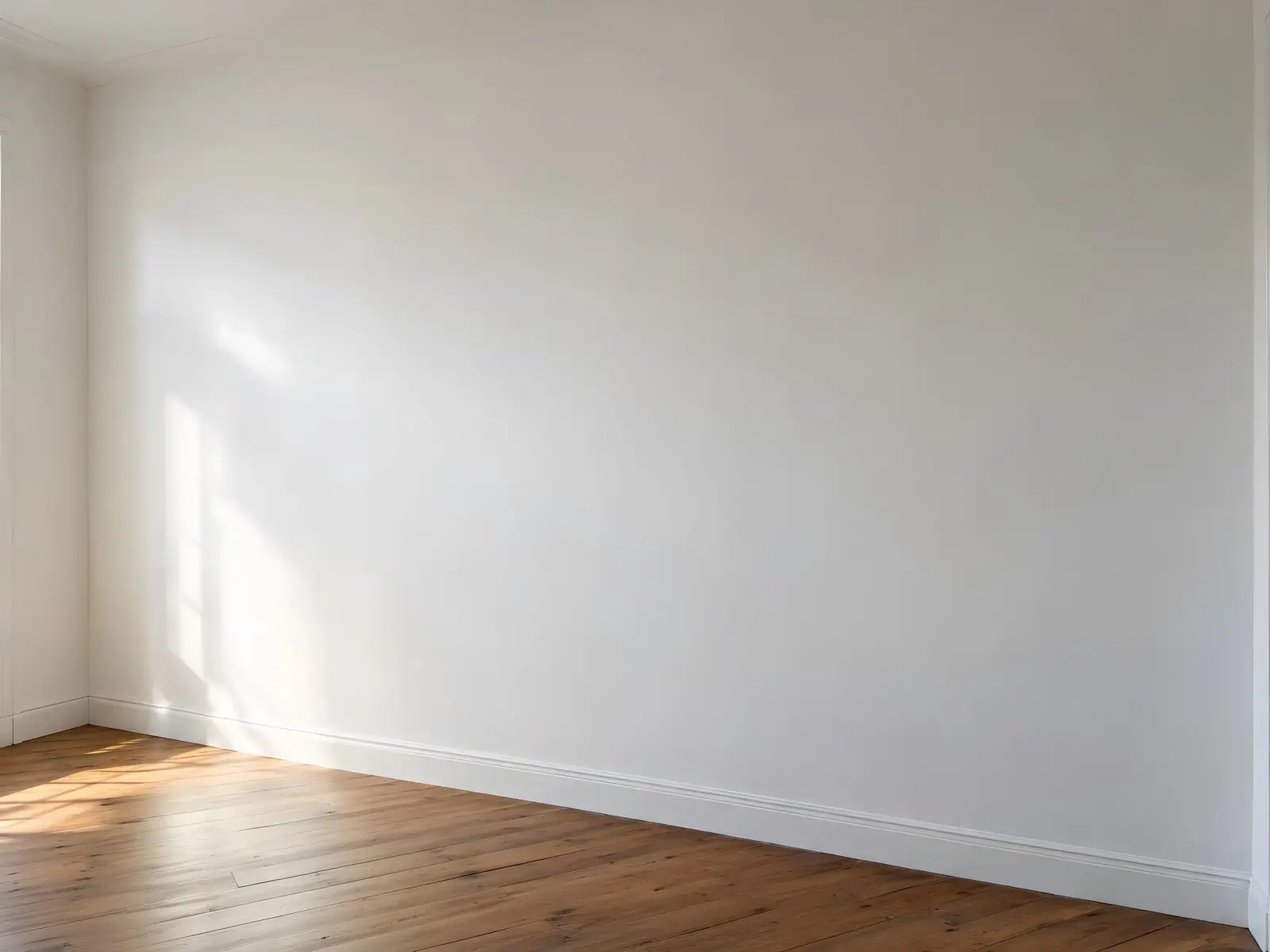 Mur de chambre ancien peint en blanc mat, plan et lisse sous la lumière rasante, au-dessus d’un vieux parquet
