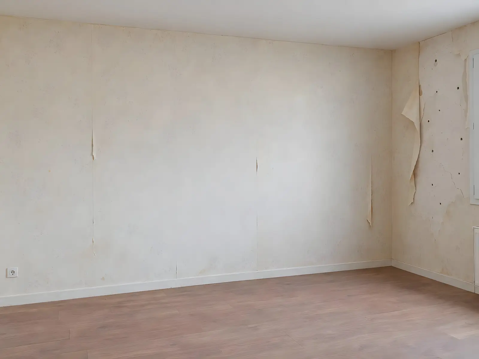 Mur de chambre au vieux papier peint jauni et décollé par endroits, lambeaux qui pendent dans l’angle