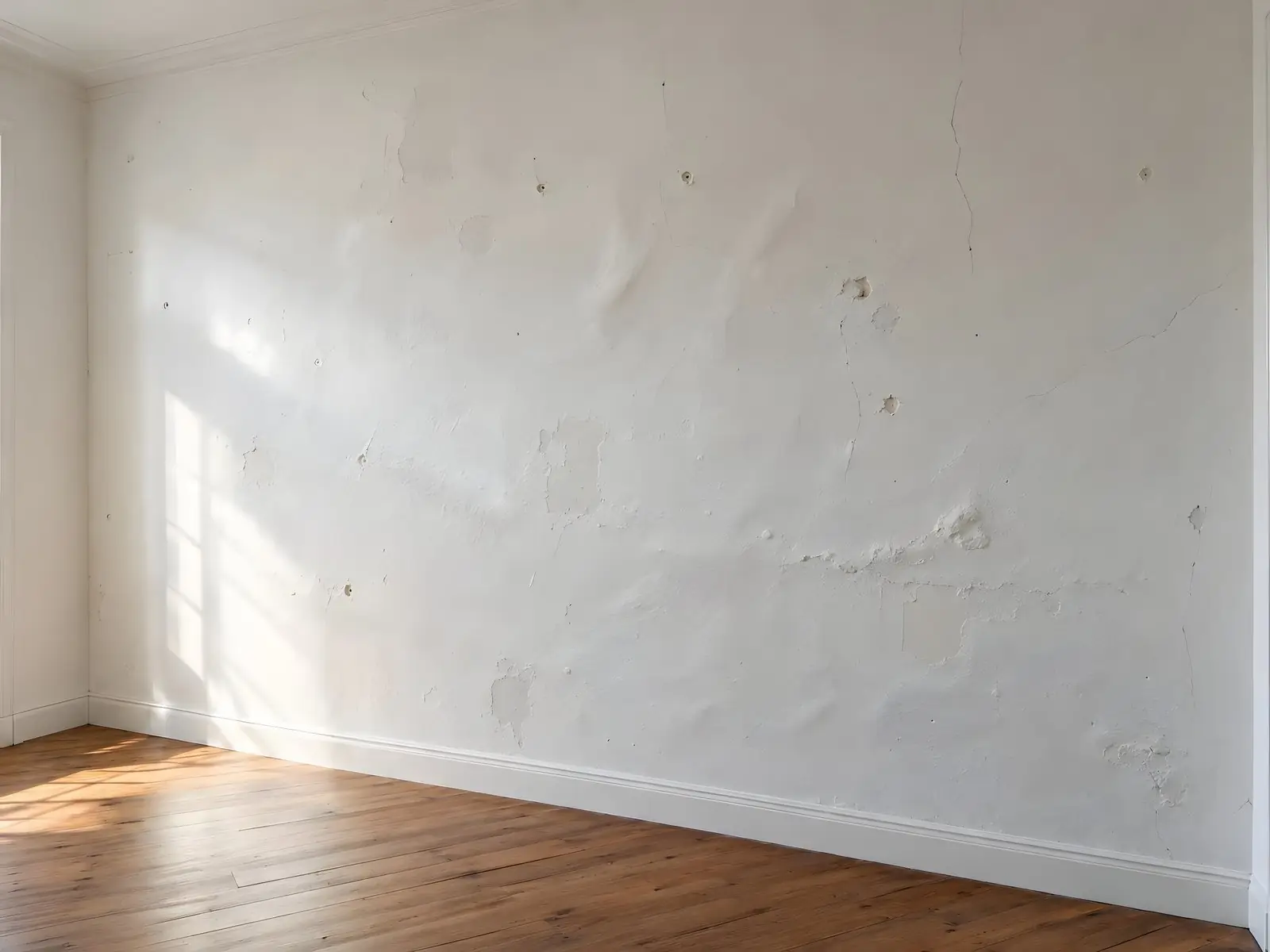 Mur de chambre ancien en lumière rasante, bosselé, couvert de reprises d’enduit, de petits trous et de fissures fines