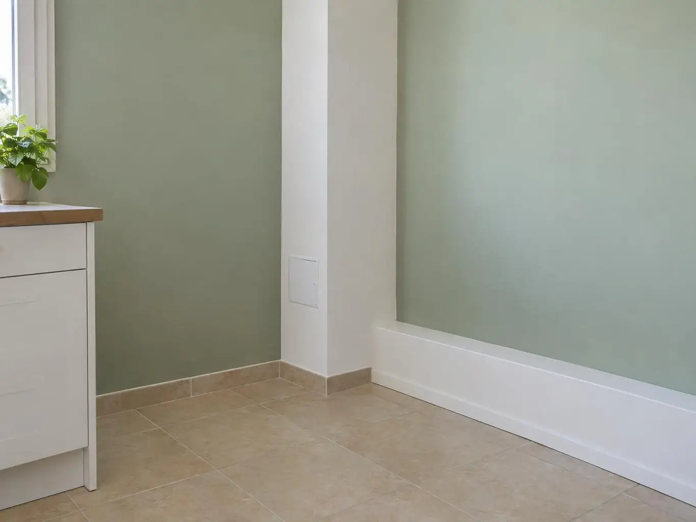 Angle de cuisine aux murs vert sauge, coffrage blanc du sol au plafond avec petite trappe, coffrage bas à droite