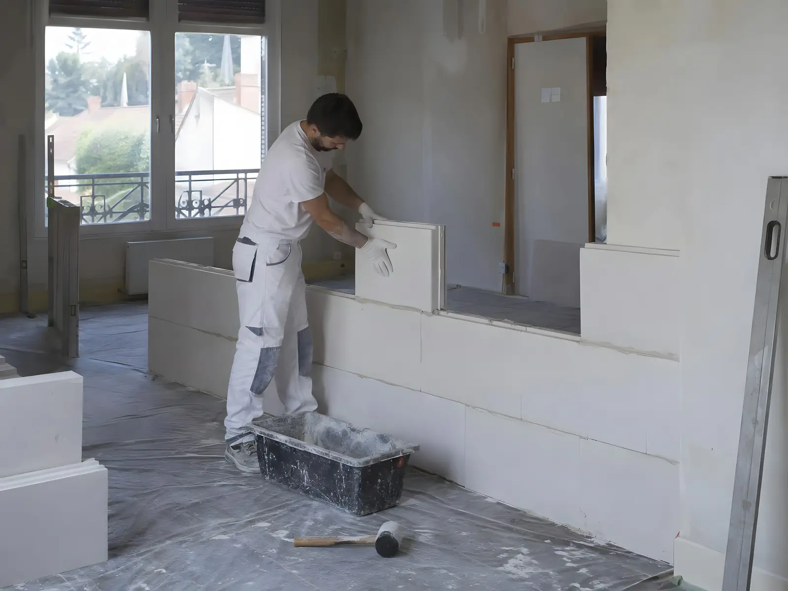 Plâtrier en tenue blanche qui monte une cloison en carreaux de plâtre blancs, auge de colle posée sur le sol bâché