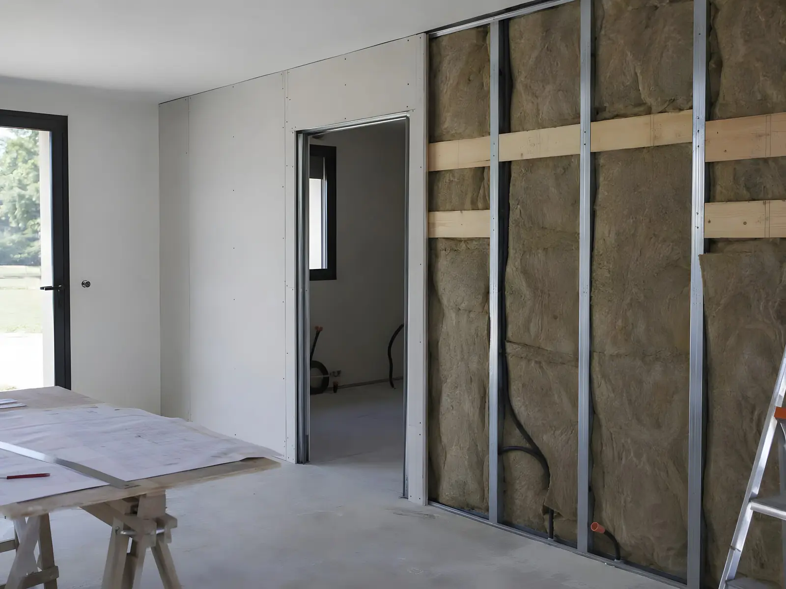 Cloison en cours de montage : ossature métallique garnie de laine de roche à côté d’une partie déjà fermée en plaques