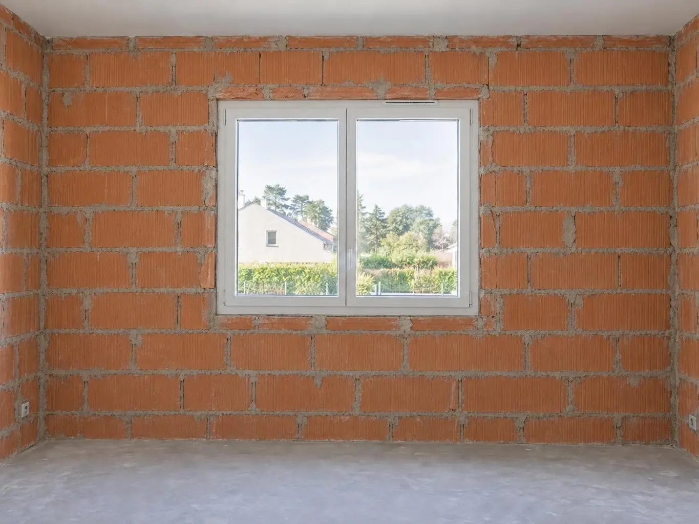 Mur de briques creuses orange aux joints de mortier gris autour d’une fenêtre blanche, chape de béton au sol
