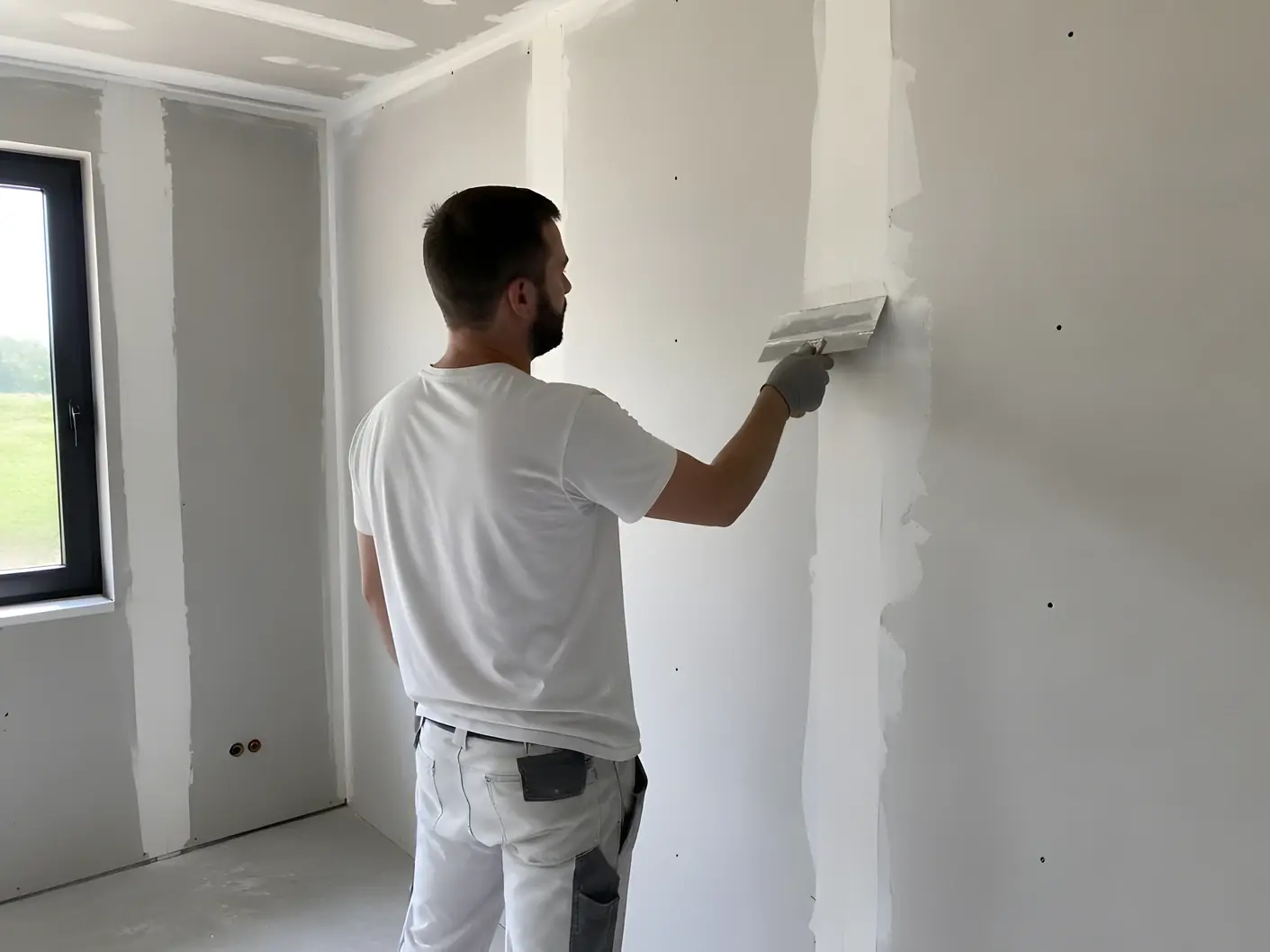 Plaquiste qui serre l’enduit au couteau large sur la bande d’un joint vertical entre deux plaques
