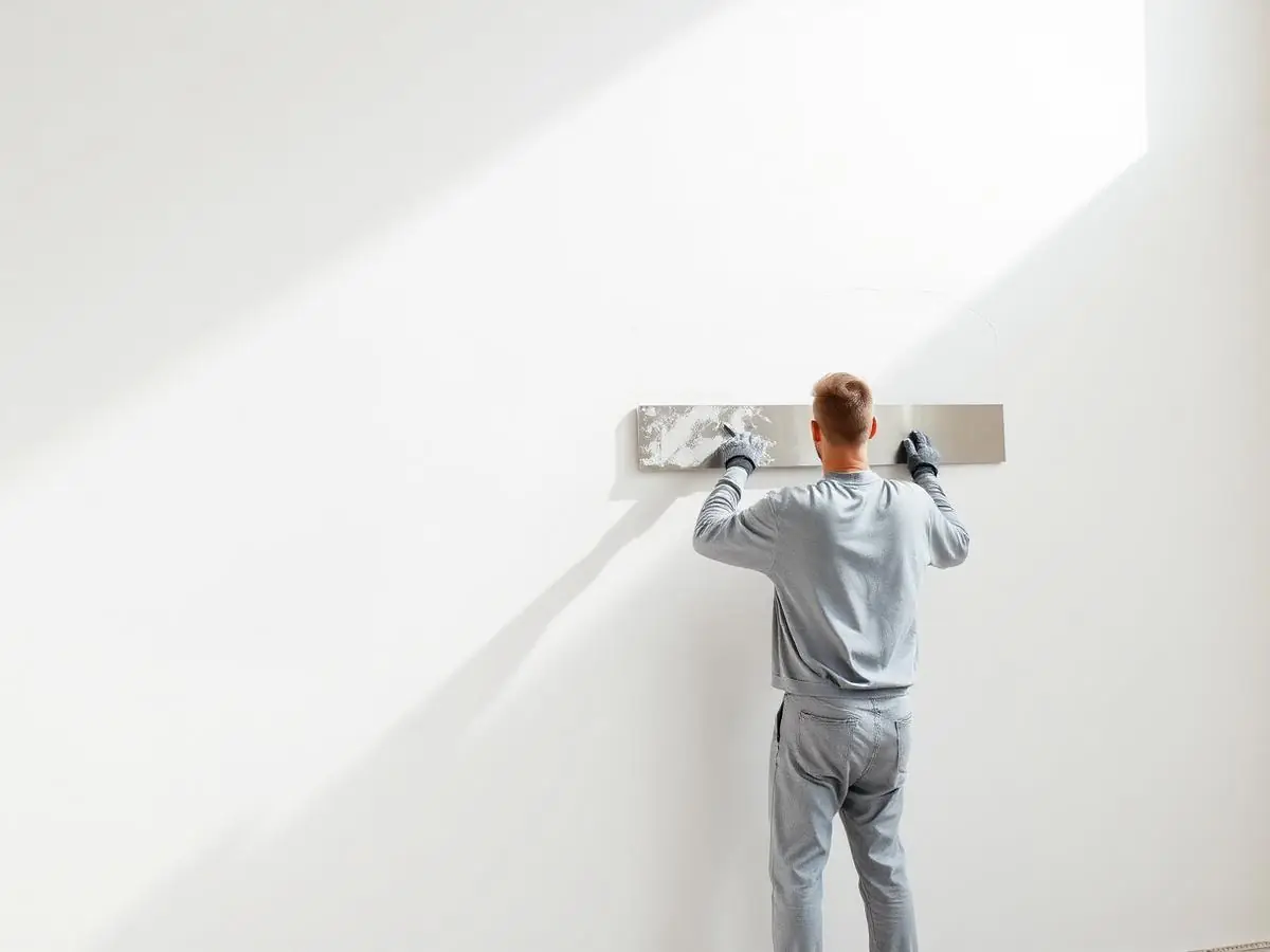 Artisan qui lisse l’enduit sur tout un mur blanc à la grande lame, lumière du jour qui arrive en biais