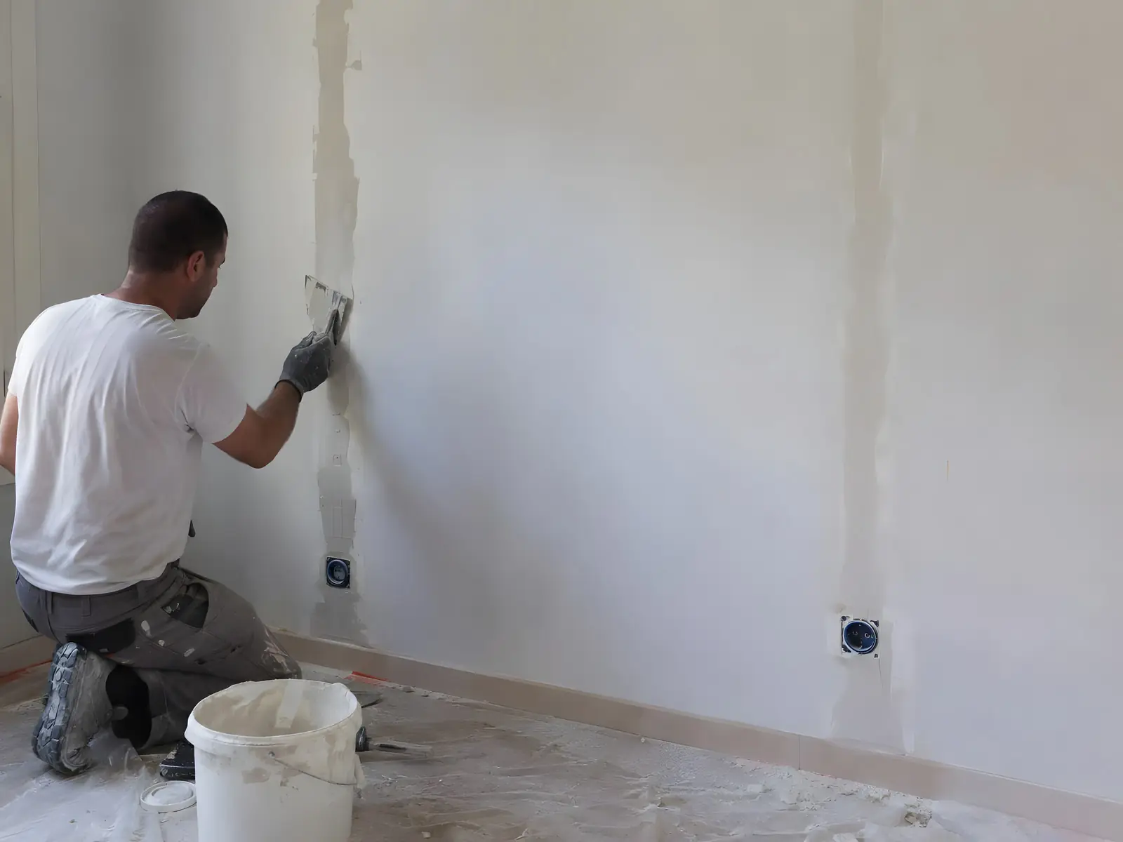 Artisan à genoux qui rebouche à la spatule une saignée verticale dans un mur blanc, seau d’enduit à côté