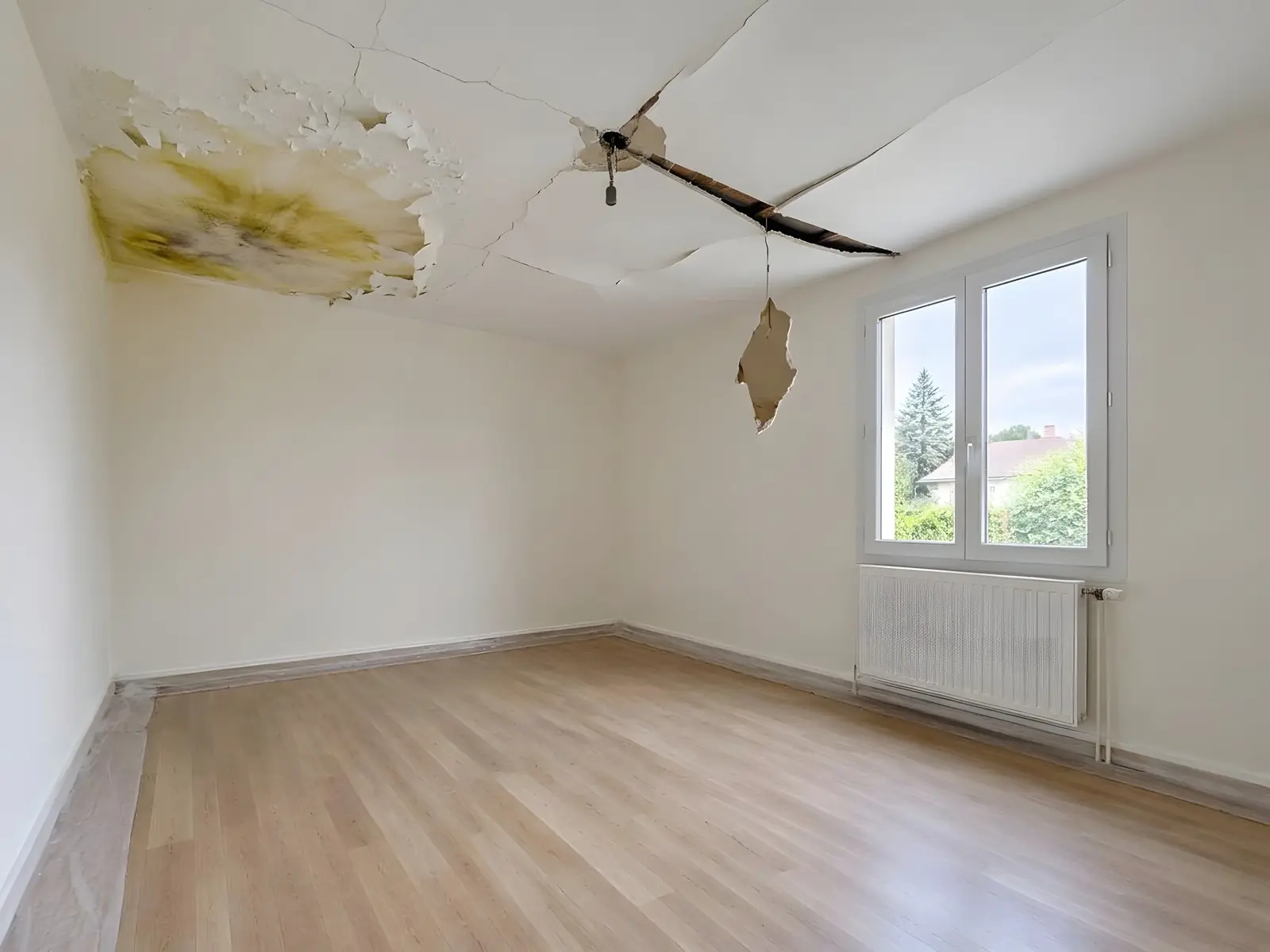 Plafond de chambre taché et gondolé par une fuite, plâtre fendu et morceau qui pend près de la douille