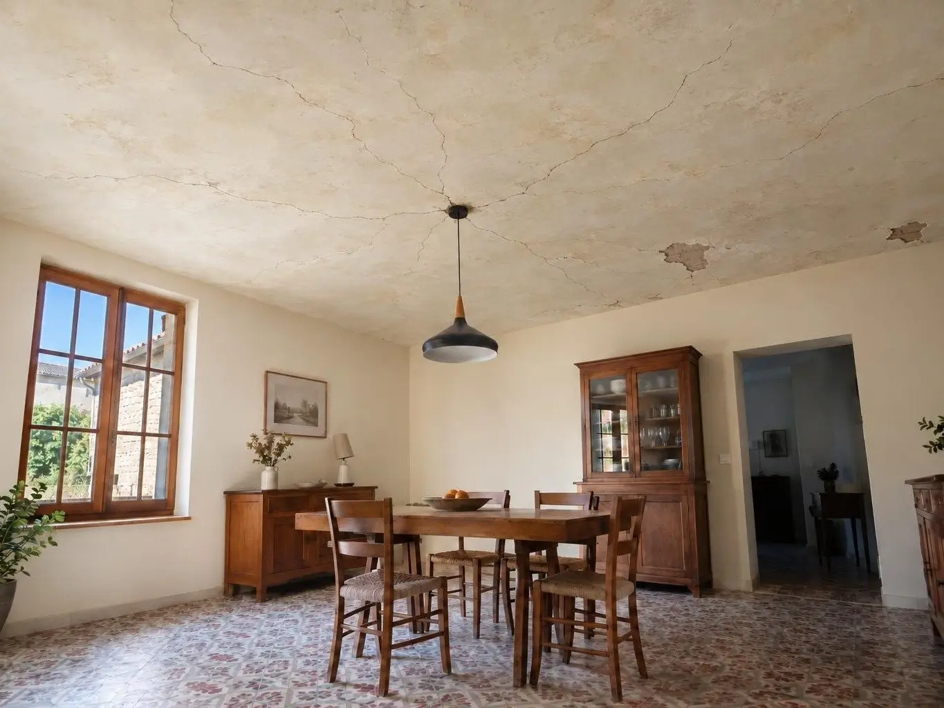 Salle à manger sous un vieux plafond en plâtre jauni, fendu en toile d’araignée autour de la suspension