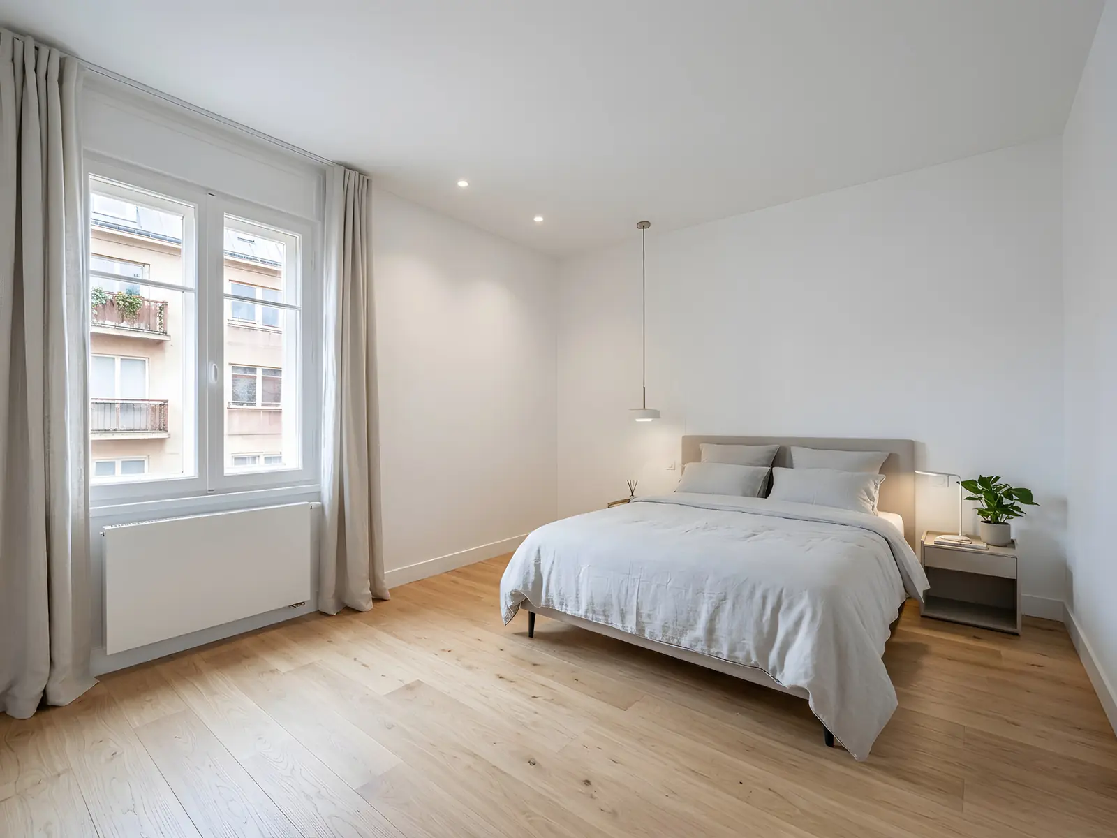 La même chambre refaite : murs et plafond blancs à spots, parquet en chêne clair, radiateur neuf