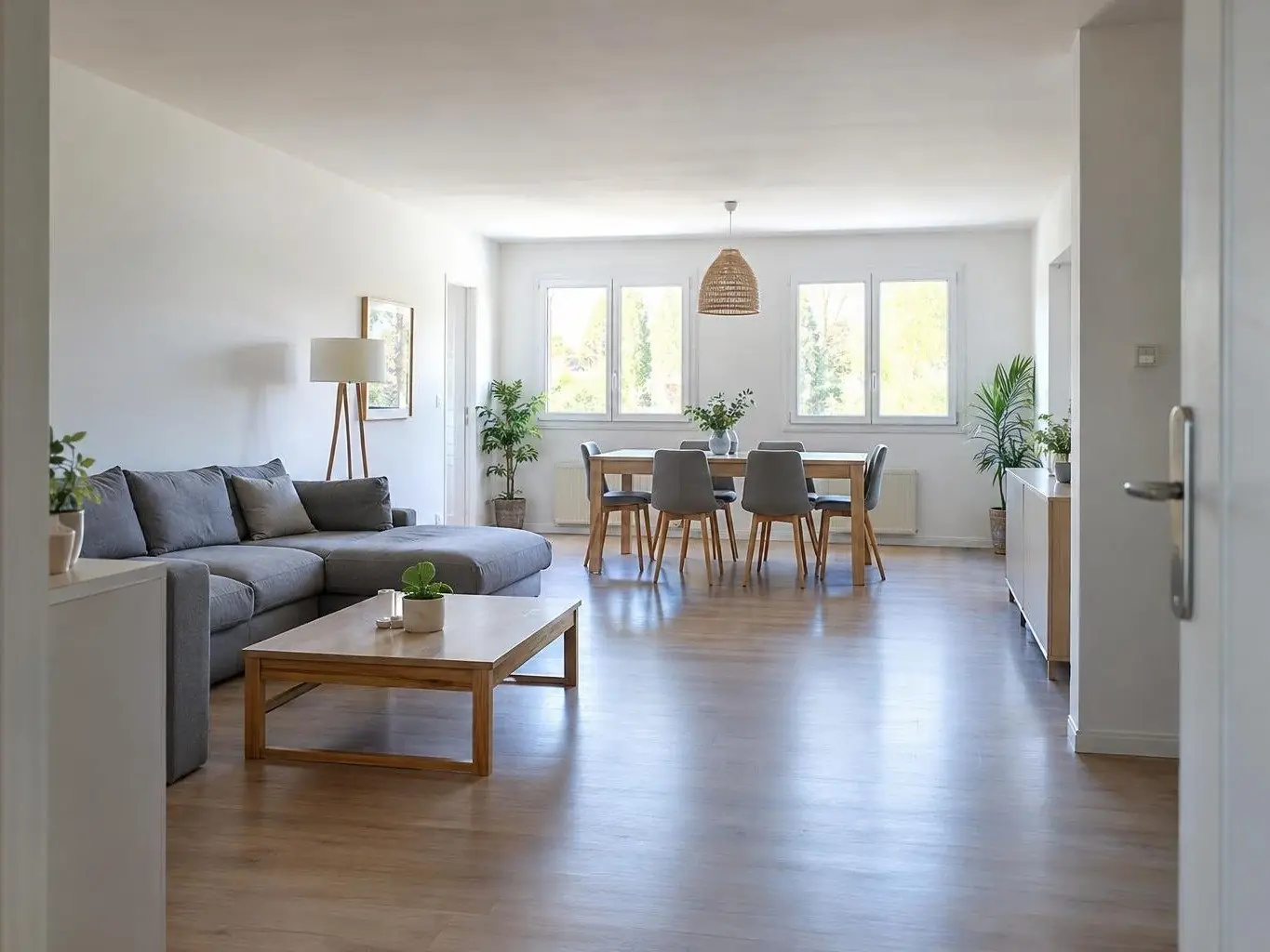 Grand séjour lumineux d’un seul tenant au parquet chêne, un canapé gris devant un coin repas