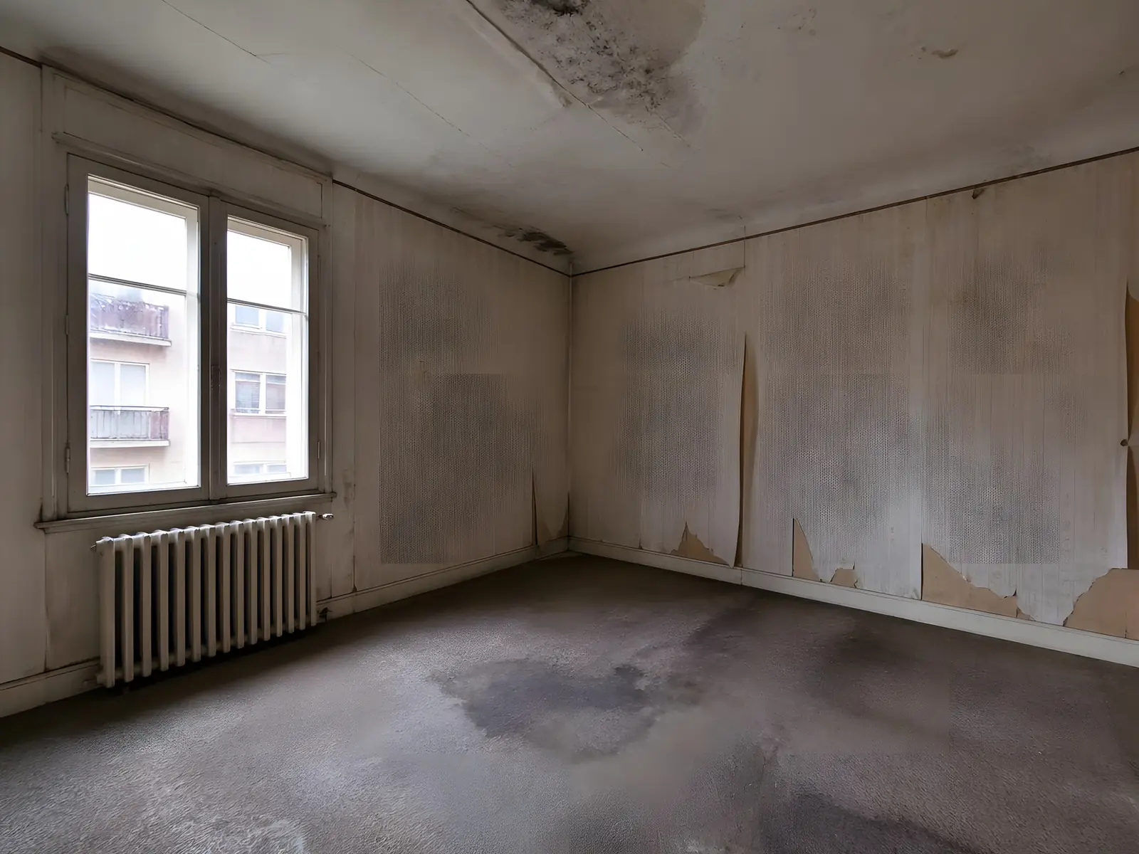 Chambre avant travaux : moquette grise tachée, papier peint décollé, plafond noirci, radiateur en fonte