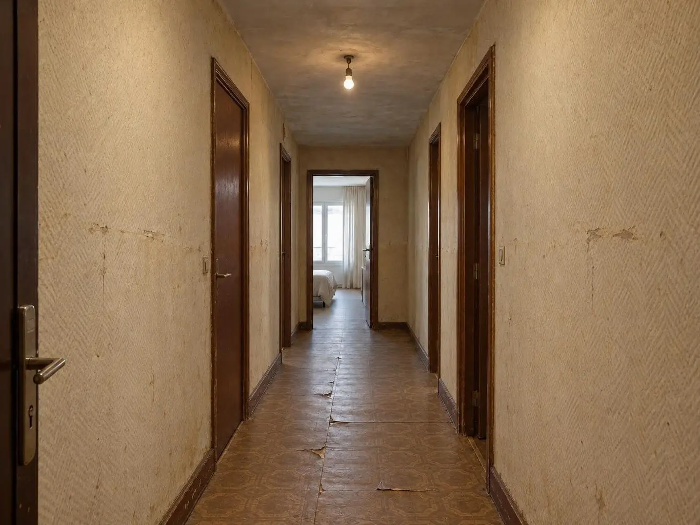 Couloir d’entrée au papier peint crépi jauni, portes en bois foncé, lino décollé et ampoule nue au plafond