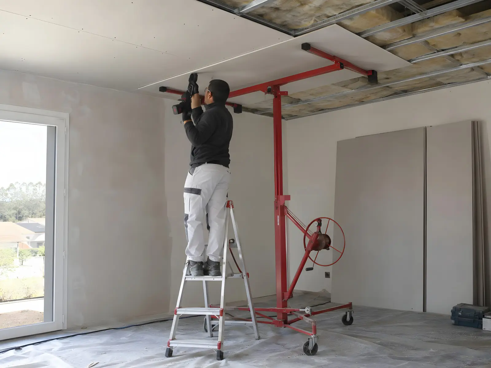 Plaquiste sur un escabeau qui visse une plaque de plâtre au plafond, soulevée par un lève-plaque rouge