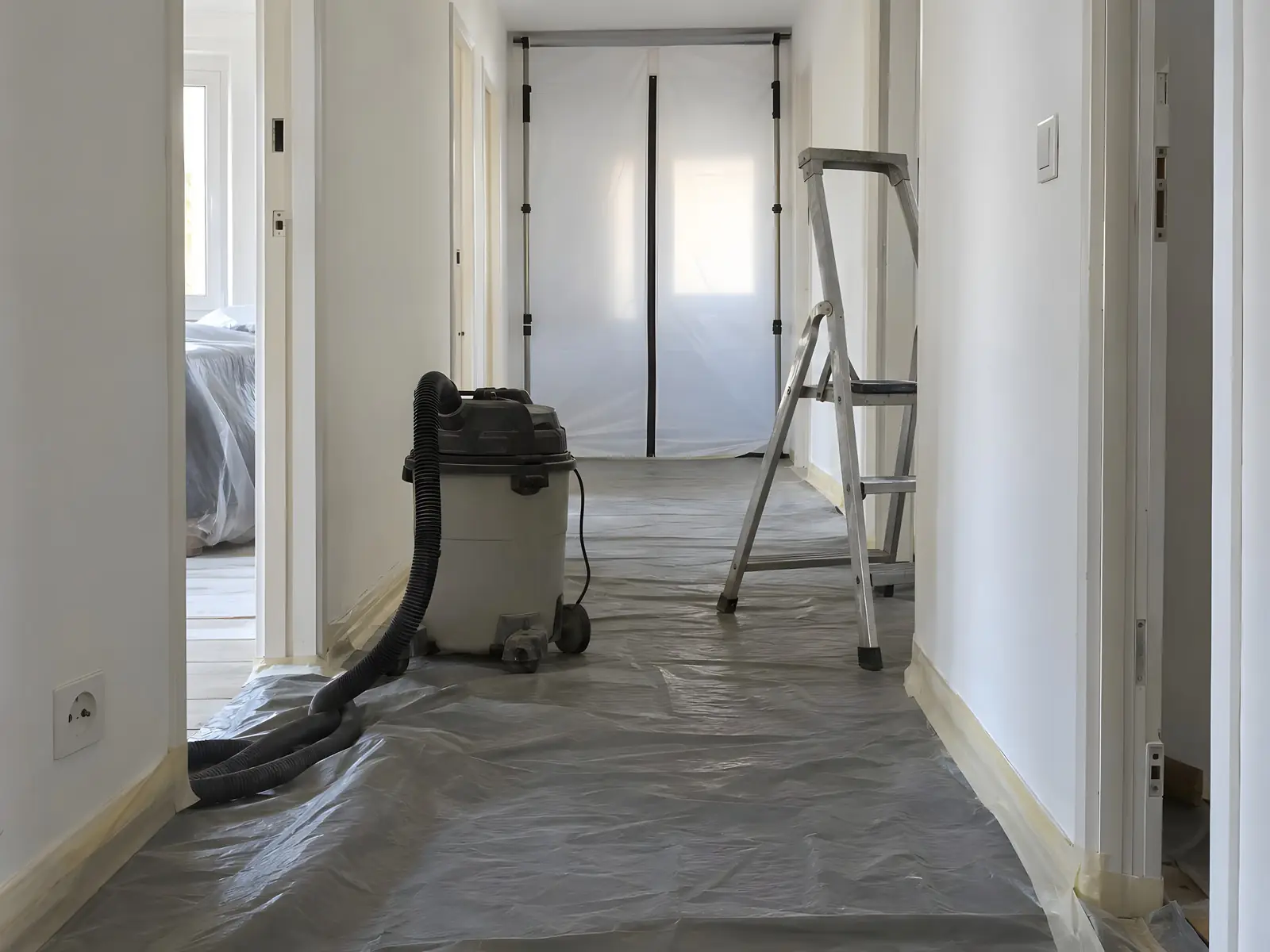 Couloir protégé par une bâche au sol, aspirateur de chantier, escabeau et rideau anti-poussière qui ferme le fond