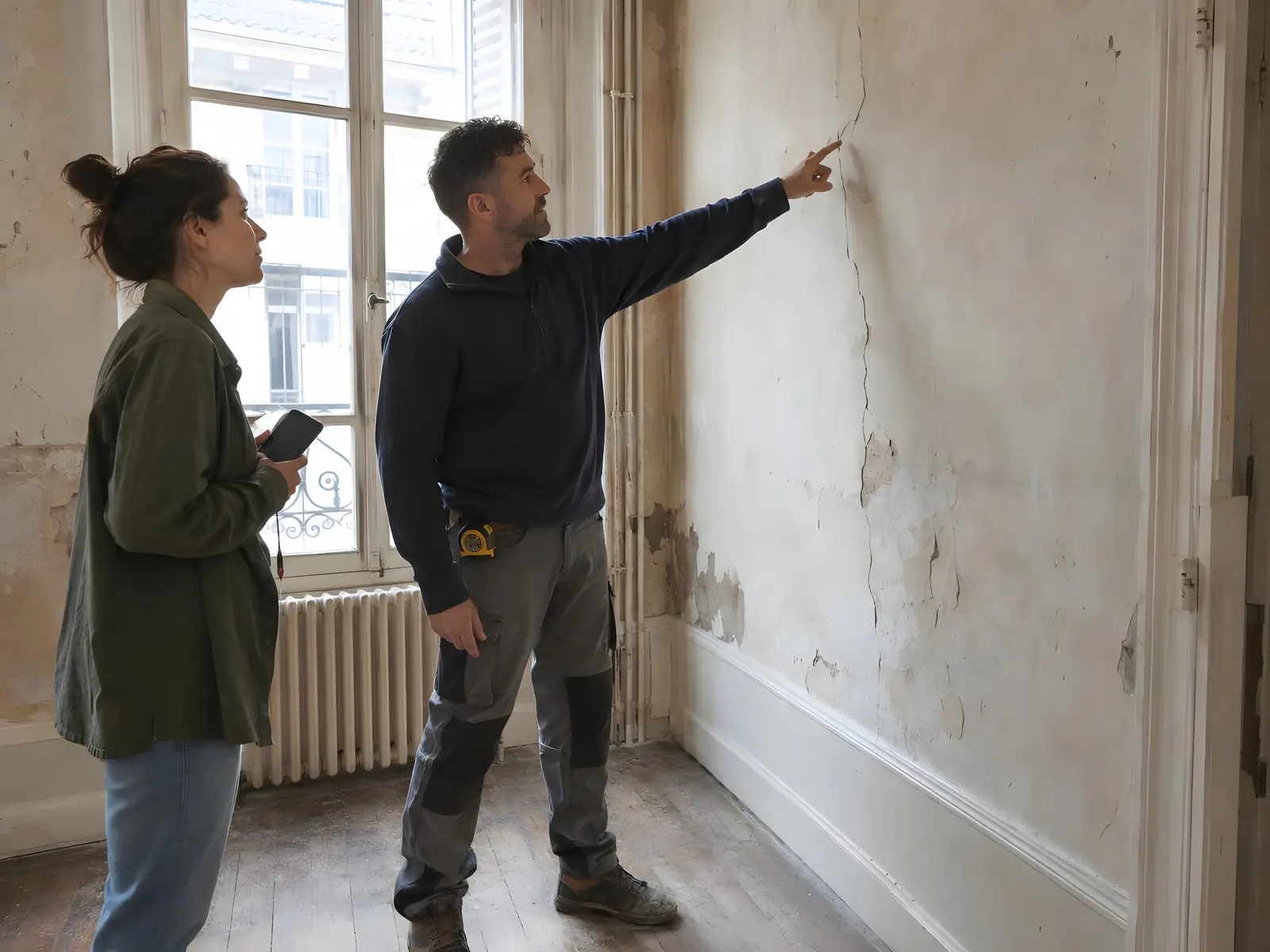 Artisan qui montre à une cliente une longue fissure sur le mur écaillé d’une pièce ancienne au parquet usé