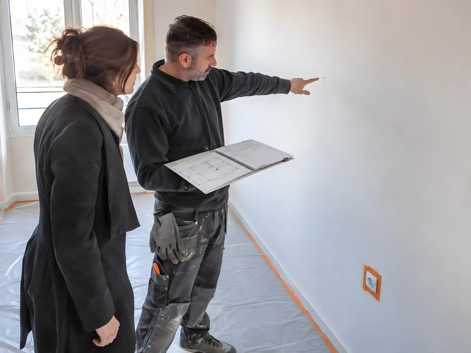 Artisan, plan à la main, qui montre à une cliente un repère tracé au crayon sur un mur blanc, sol bâché