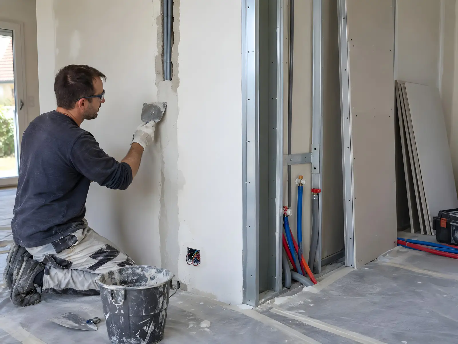 Artisan à genoux qui rebouche au couteau la saignée d’un mur, à côté d’une cloison sur rails et de gaines rouges et bleues