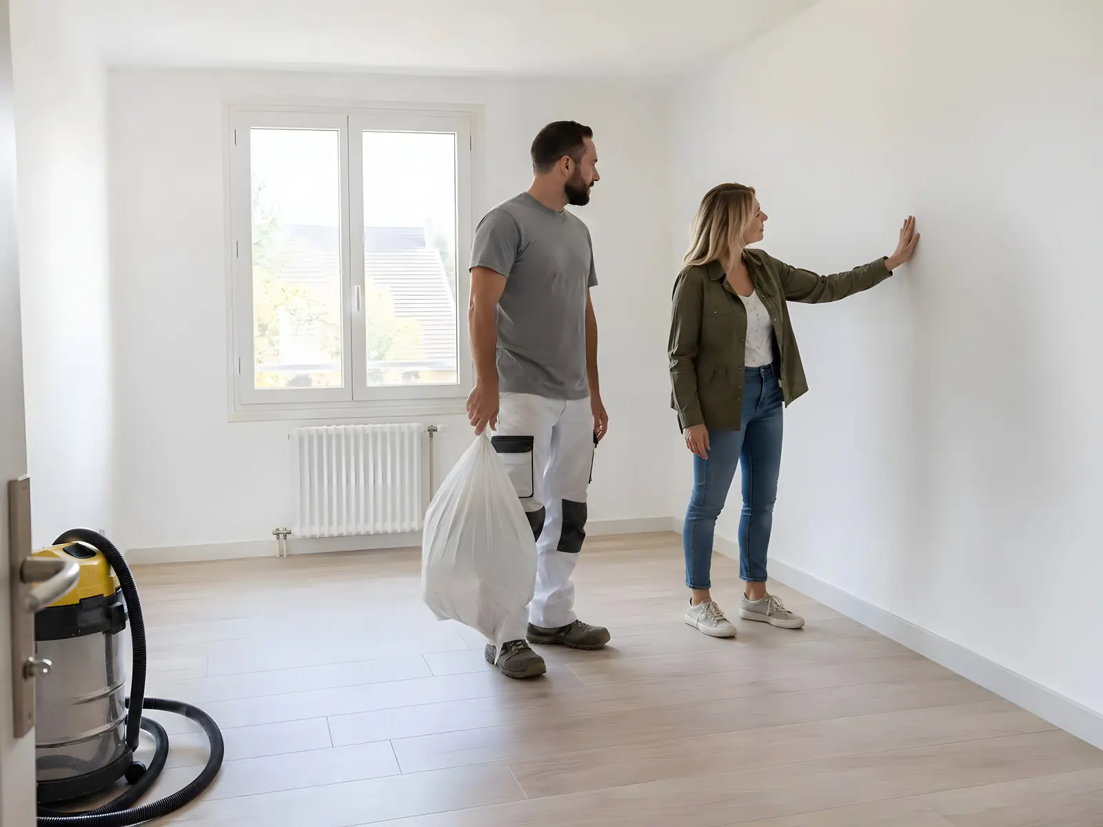 Artisan, sac de déchets à la main, et cliente qui touche le mur d’une chambre propre et vide au parquet clair