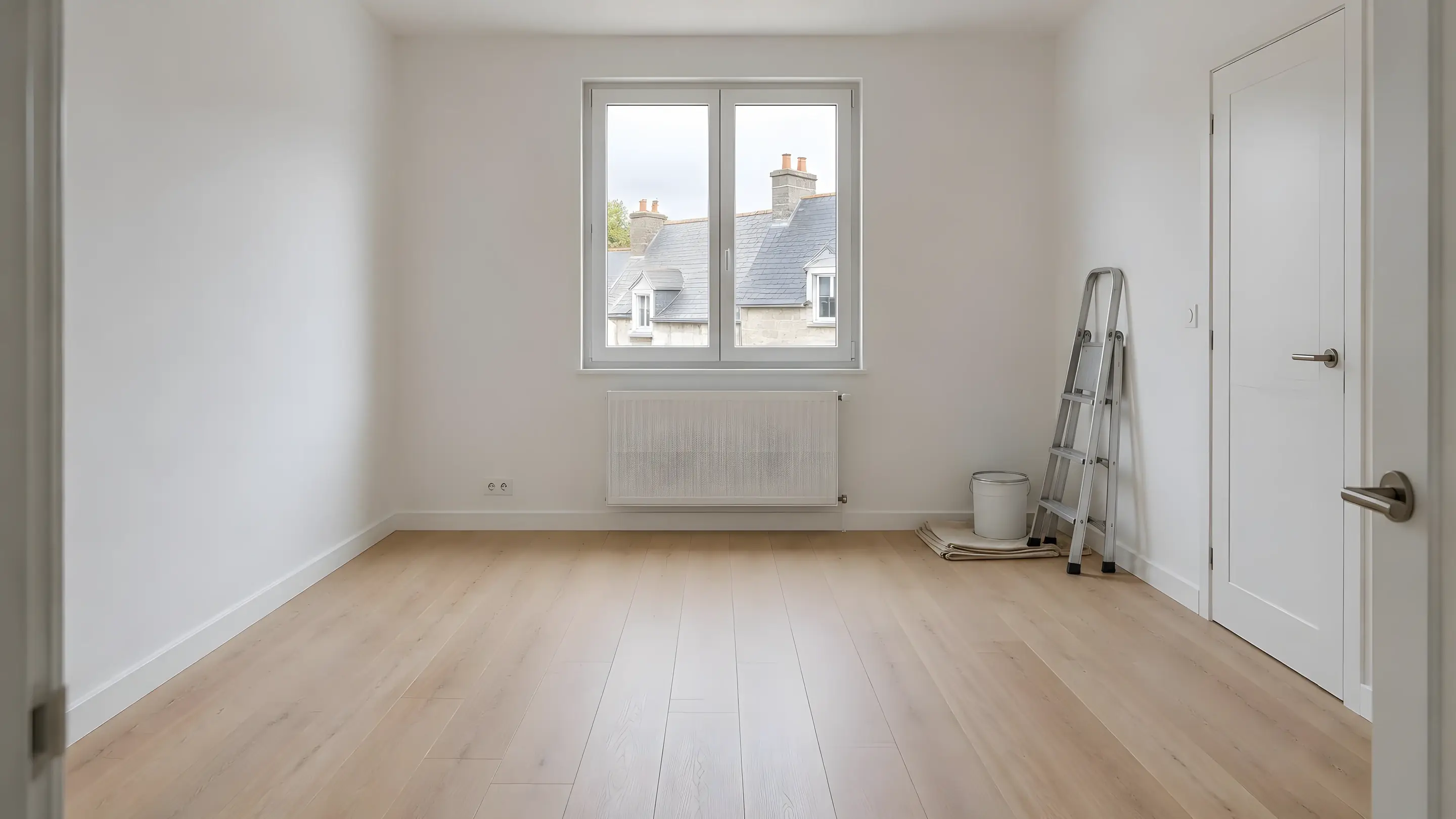 Pièce refaite et vide : murs blancs, parquet clair, porte neuve, escabeau et bâche pliée dans un coin