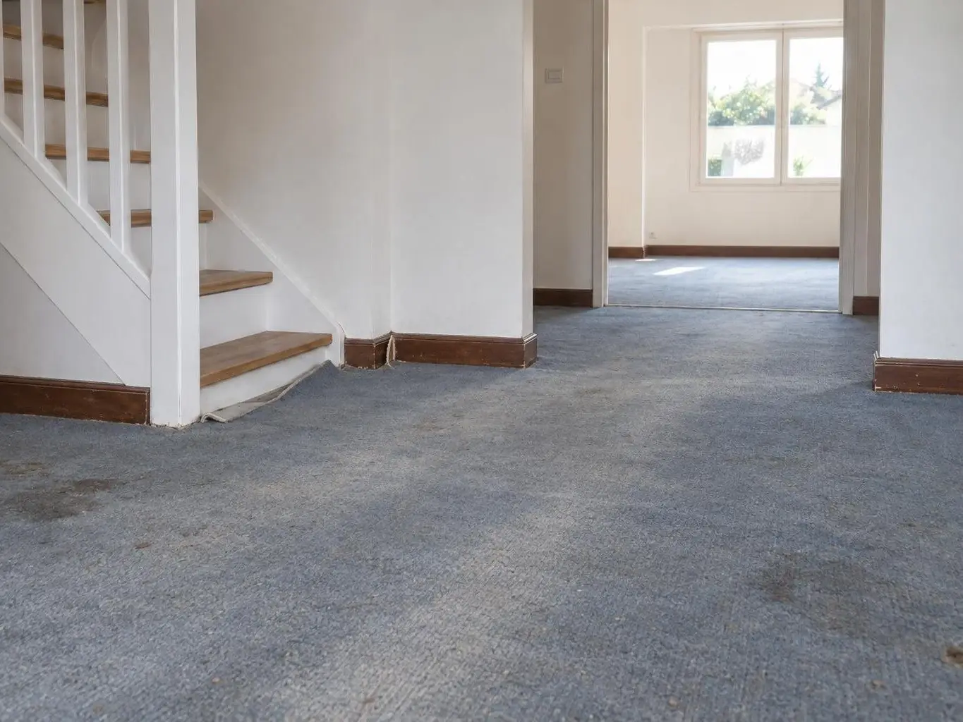 Vieille moquette bleu-gris tachée et usée au pied d’un escalier blanc, plinthes en bois foncé