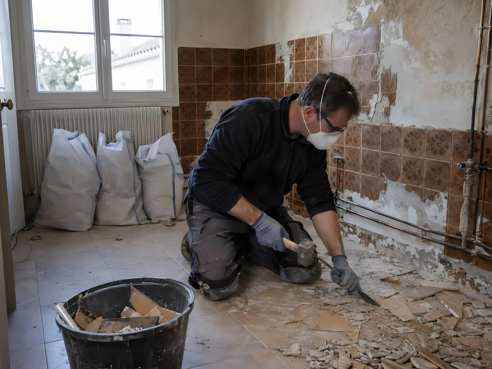 Artisan masqué à genoux qui casse au burin un vieux carrelage marron, gravats au sol et sacs remplis sous la fenêtre