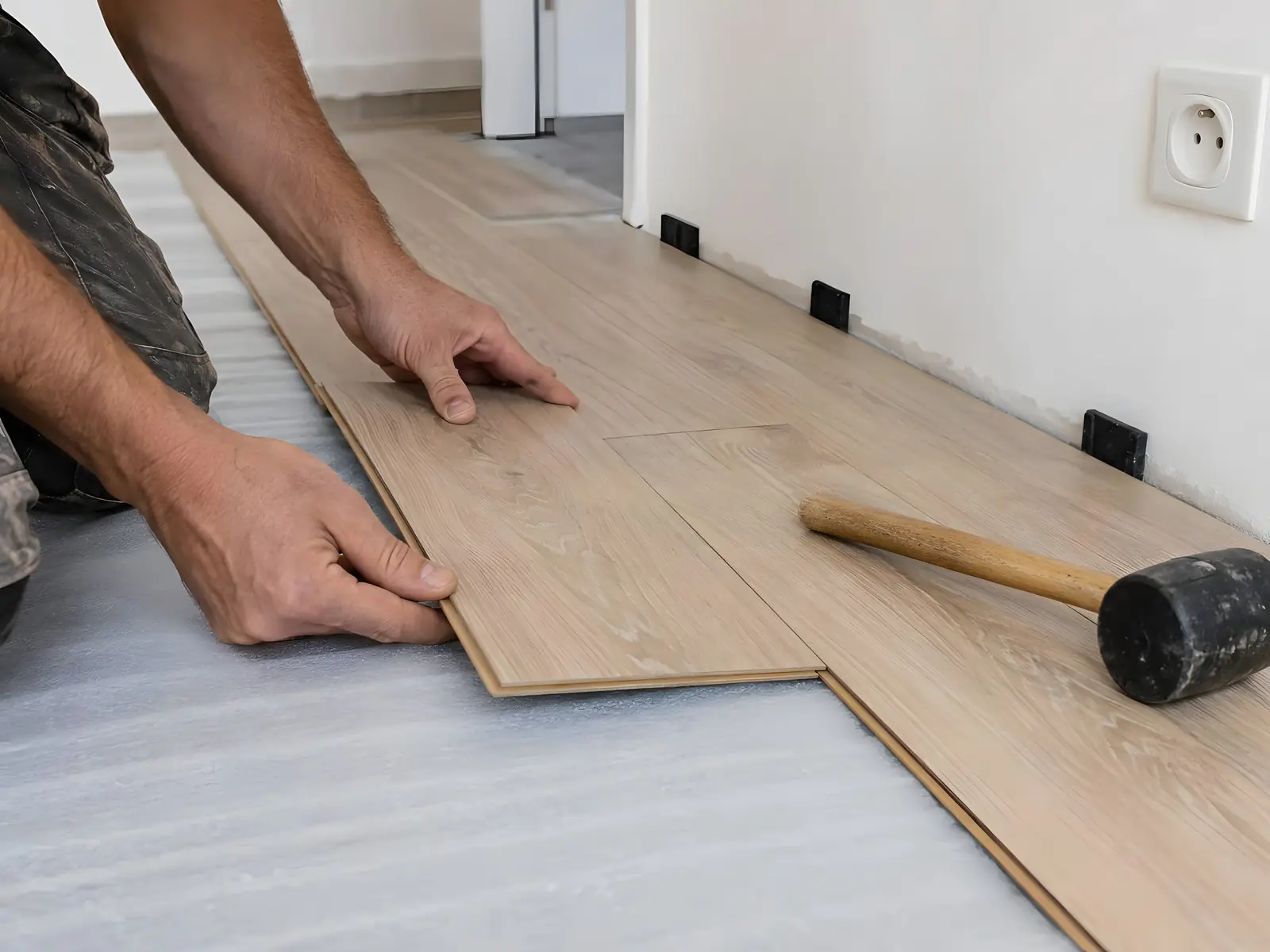 Mains d’un poseur qui emboîtent une lame de stratifié clair sur sa sous-couche, cales le long du mur et maillet posé