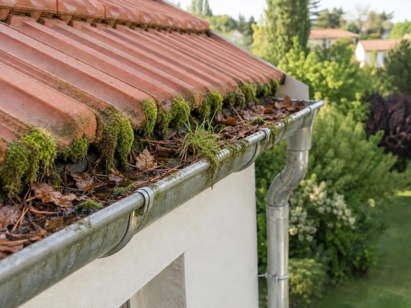 Gouttière en zinc remplie de mousse, de feuilles mortes et d’herbe sous des tuiles rouges moussues, jardin derrière
