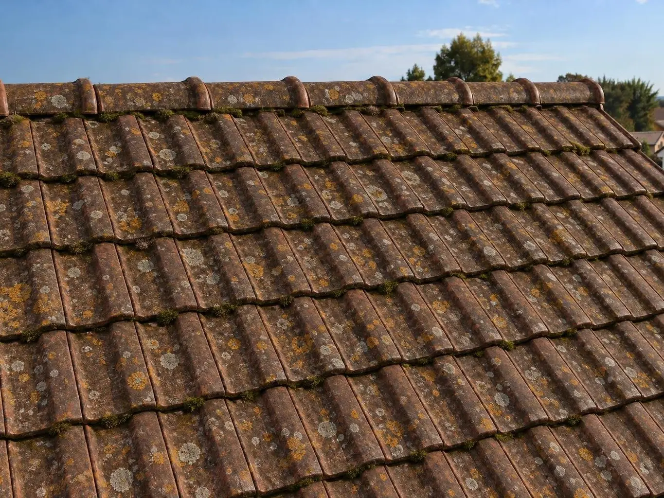 Pan de toit en tuiles mécaniques brunies, couvertes de taches de lichen gris et jaune orangé jusqu’au faîtage