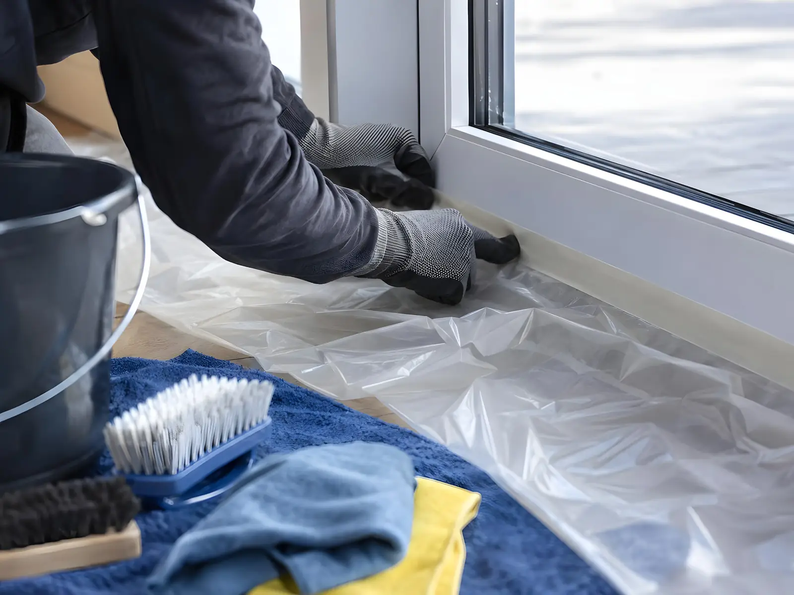 Mains gantées qui fixent une bâche plastique au pied d’une porte-fenêtre, brosses et chiffons sur une serviette